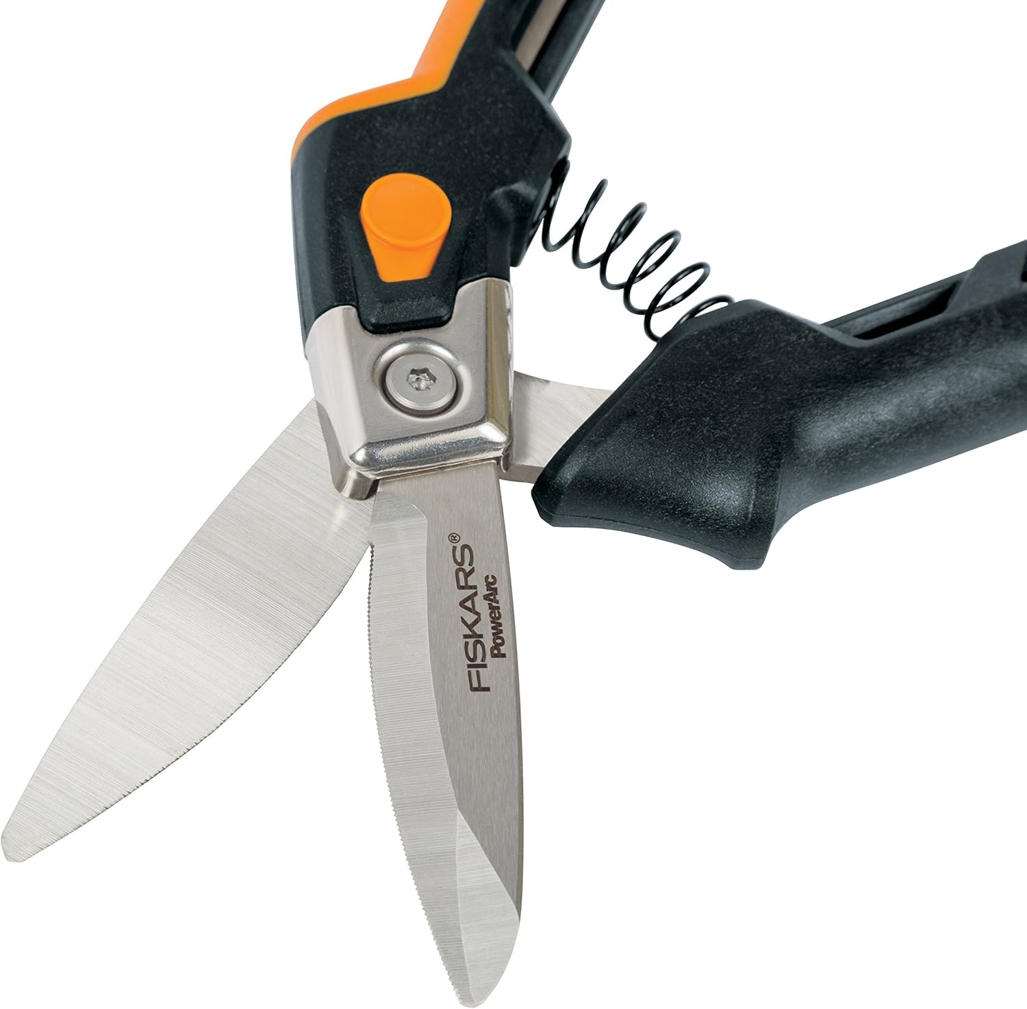 Fiskars PowerArc Easy Action Shears, Heavy Duty Scissors, Curved Stainless Steel Blades & SoftGrip Ergonomic Handle, 10, Orange/Gray(Utility Snips 8 in.)