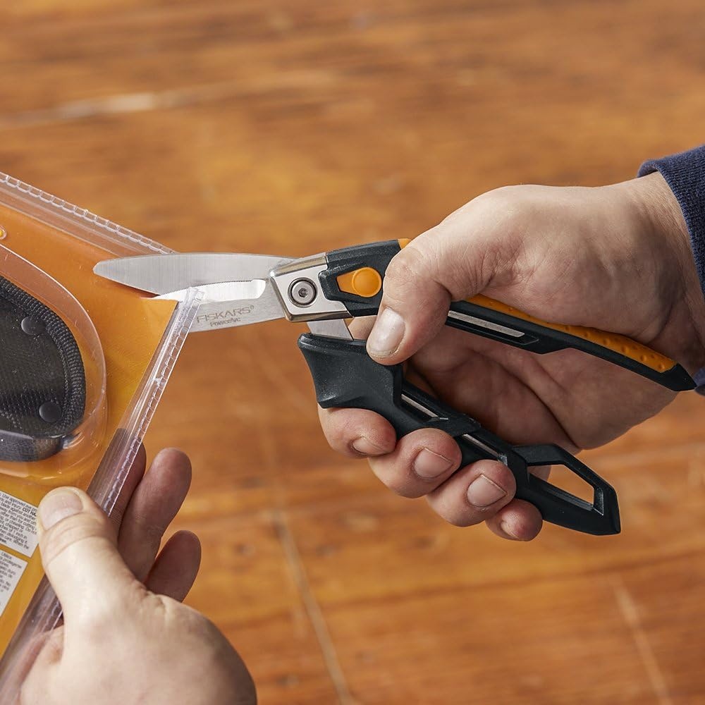 Fiskars PowerArc Easy Action Shears, Heavy Duty Scissors, Curved Stainless Steel Blades & SoftGrip Ergonomic Handle, 10, Orange/Gray(Utility Snips 8 in.)