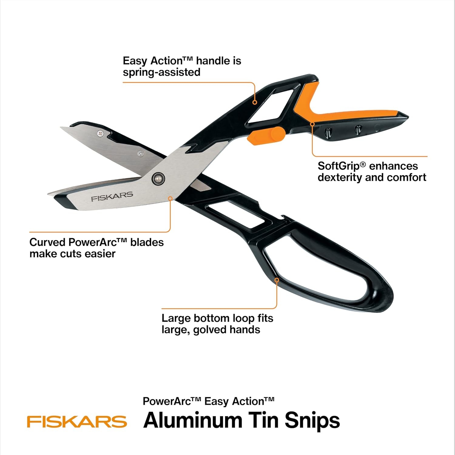 Fiskars PowerArc Easy Action Shears, Heavy Duty Scissors, Curved Stainless Steel Blades & SoftGrip Ergonomic Handle, 10, Orange/Gray(Easy Action Snips 13 in.)