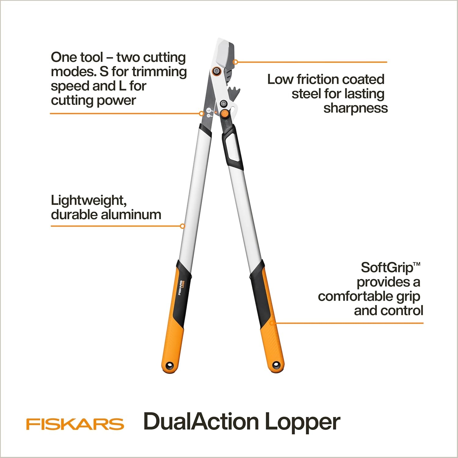 Fiskars DualAction Lopper, 2-in-1 Lopper with Dual Cutting Modes, S Mode for Precise Snips for Stems, L Mode for Power Through Branches, Low Friction Steel Blade, 2″ Cutting Capacity(32″ 2-in-1 Bypass)