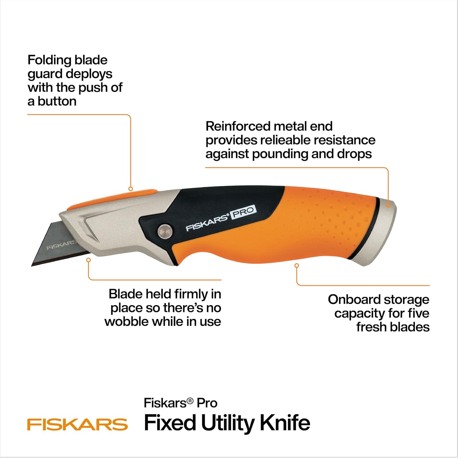 Fiskars Pro Retractable Utility Knife, Heavy Duty Box Cutter with CarbonMax Long-lasting Snap Blade, and Easy Hinge Open with Quick Blade Change and Storage, Orange/Black(Fixed Utility Knife)
