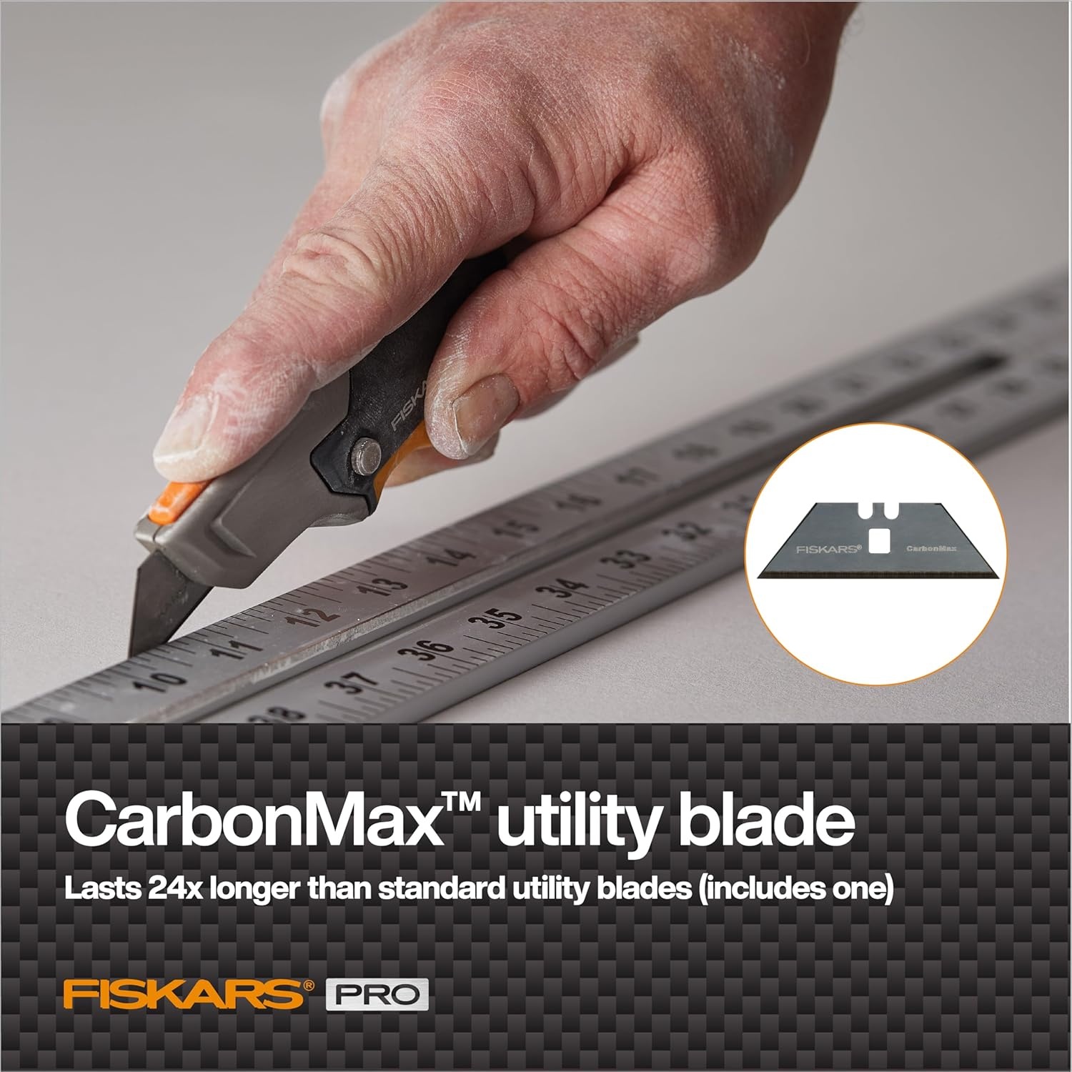Fiskars Pro Retractable Utility Knife, Heavy Duty Box Cutter with CarbonMax Long-lasting Snap Blade, and Easy Hinge Open with Quick Blade Change and Storage, Orange/Black(Fixed Utility Knife)