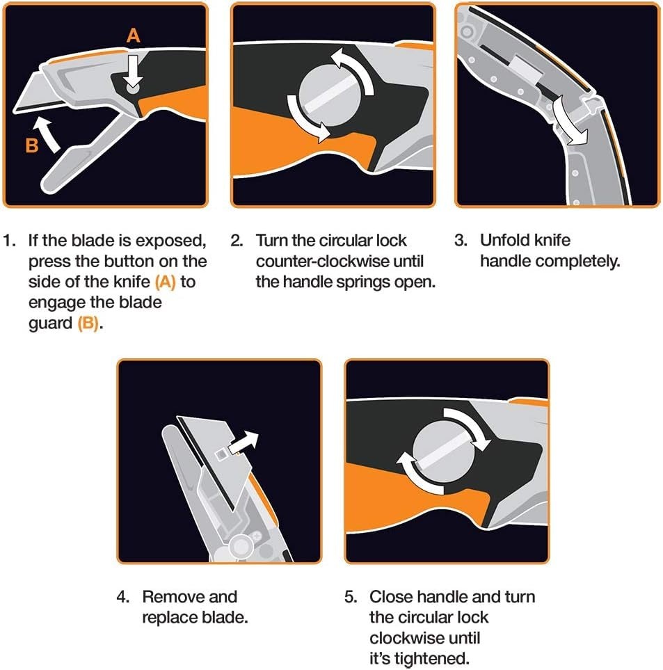 Fiskars Pro Retractable Utility Knife, Heavy Duty Box Cutter with CarbonMax Long-lasting Snap Blade, and Easy Hinge Open with Quick Blade Change and Storage, Orange/Black(Fixed Utility Knife)