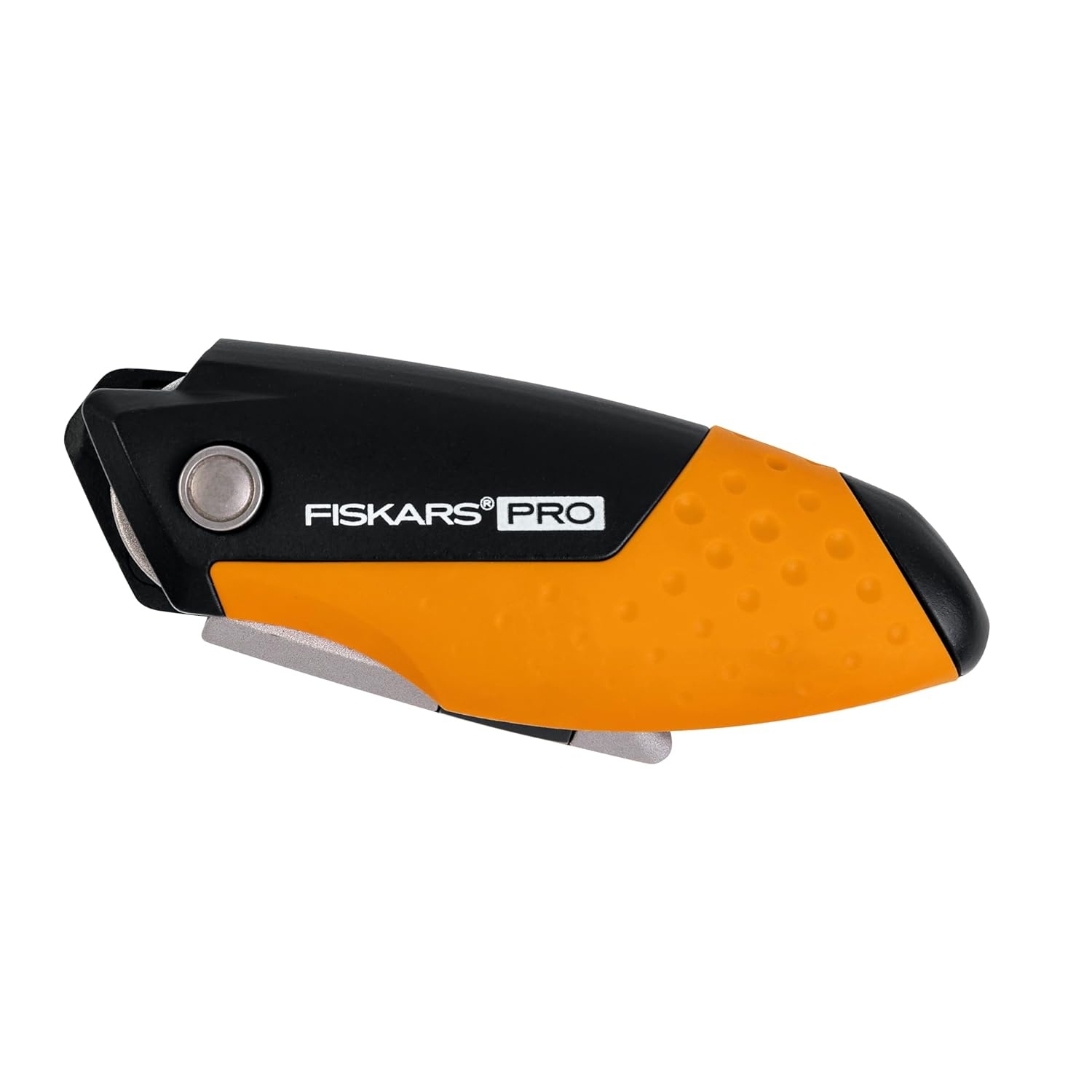 Fiskars Pro Retractable Utility Knife, Heavy Duty Box Cutter with CarbonMax Long-lasting Snap Blade, and Easy Hinge Open with Quick Blade Change and Storage, Orange/Black(Compact)