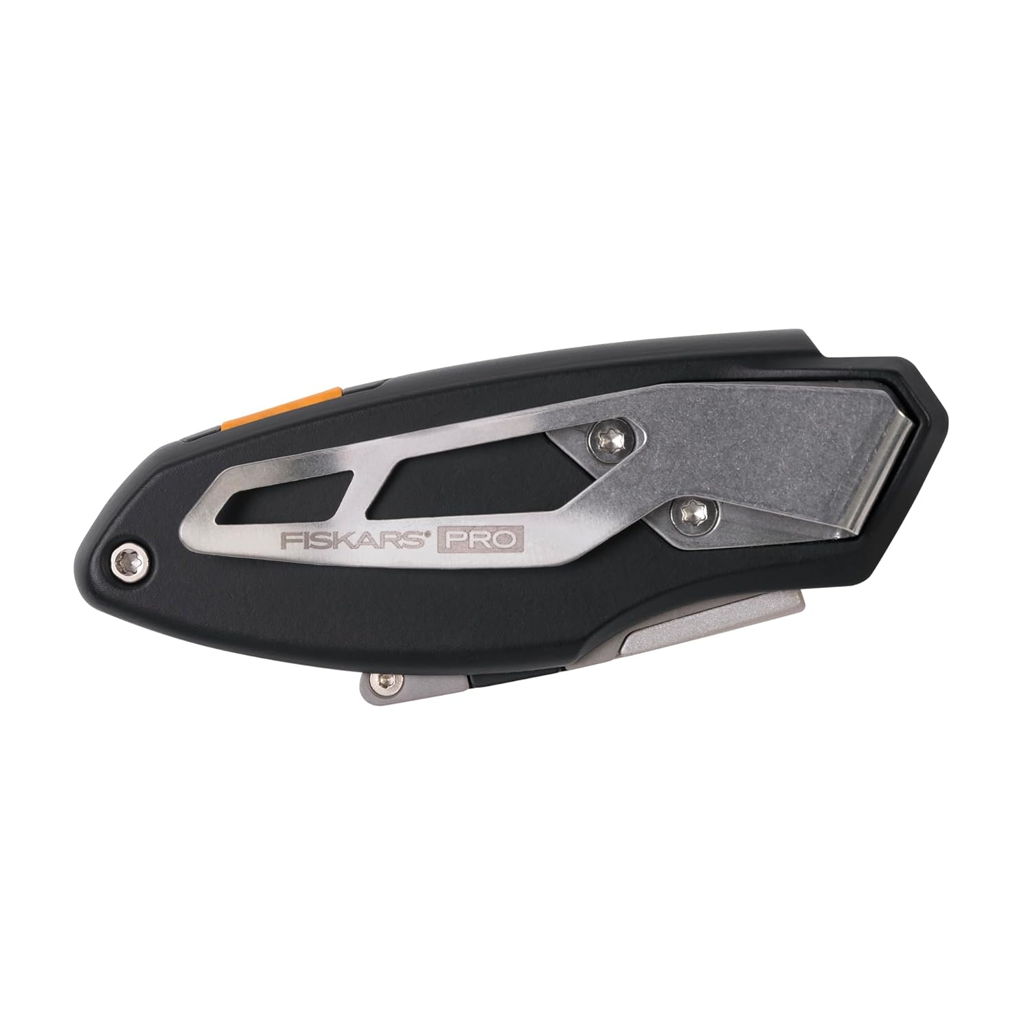 Fiskars Pro Retractable Utility Knife, Heavy Duty Box Cutter with CarbonMax Long-lasting Snap Blade, and Easy Hinge Open with Quick Blade Change and Storage, Orange/Black(Compact)