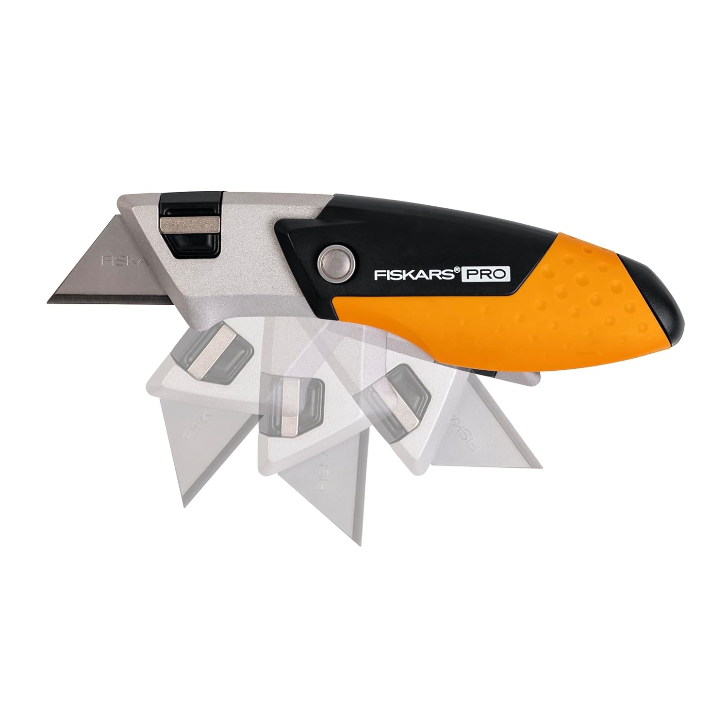 Fiskars Pro Retractable Utility Knife, Heavy Duty Box Cutter with CarbonMax Long-lasting Snap Blade, and Easy Hinge Open with Quick Blade Change and Storage, Orange/Black(Compact)