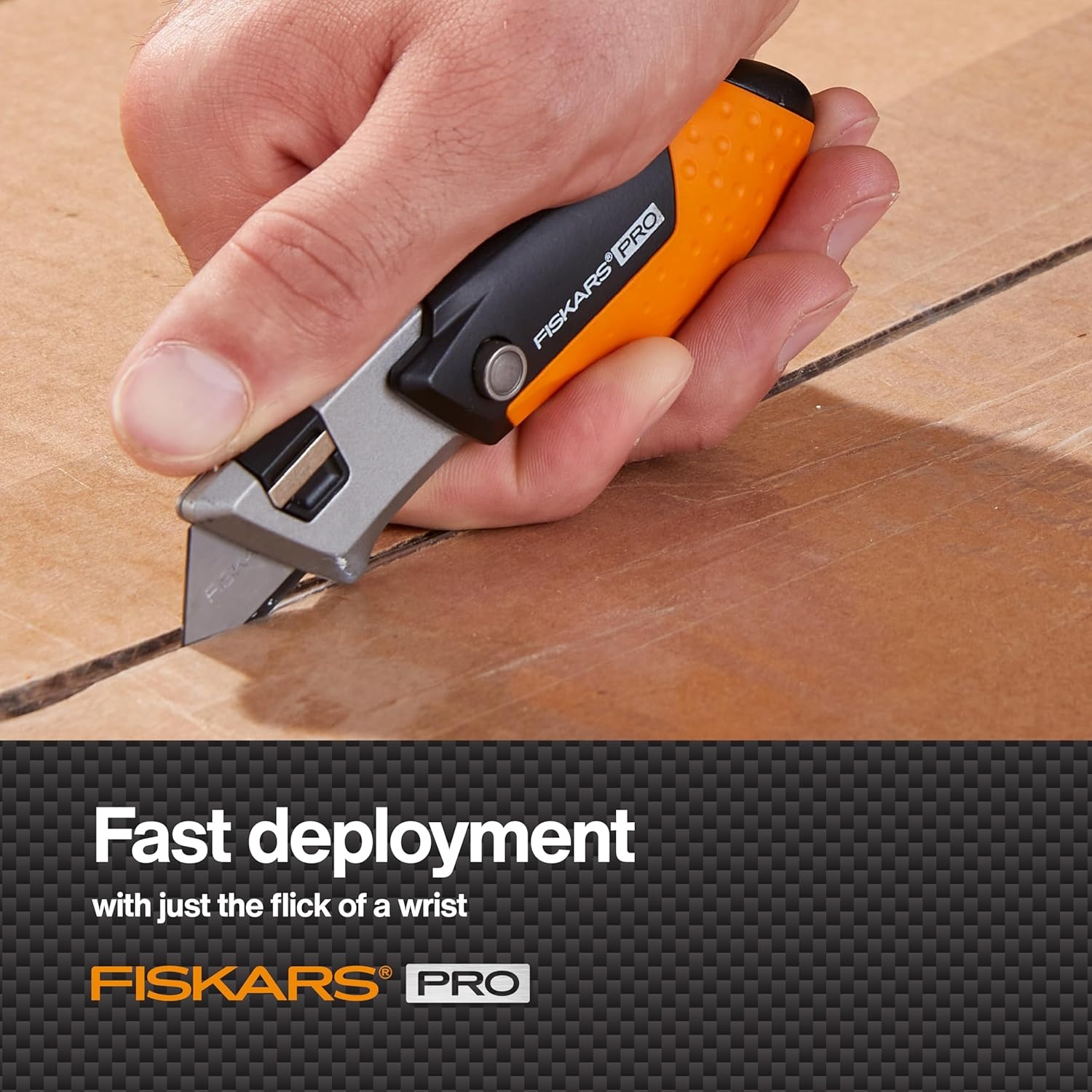 Fiskars Pro Retractable Utility Knife, Heavy Duty Box Cutter with CarbonMax Long-lasting Snap Blade, and Easy Hinge Open with Quick Blade Change and Storage, Orange/Black(Compact)