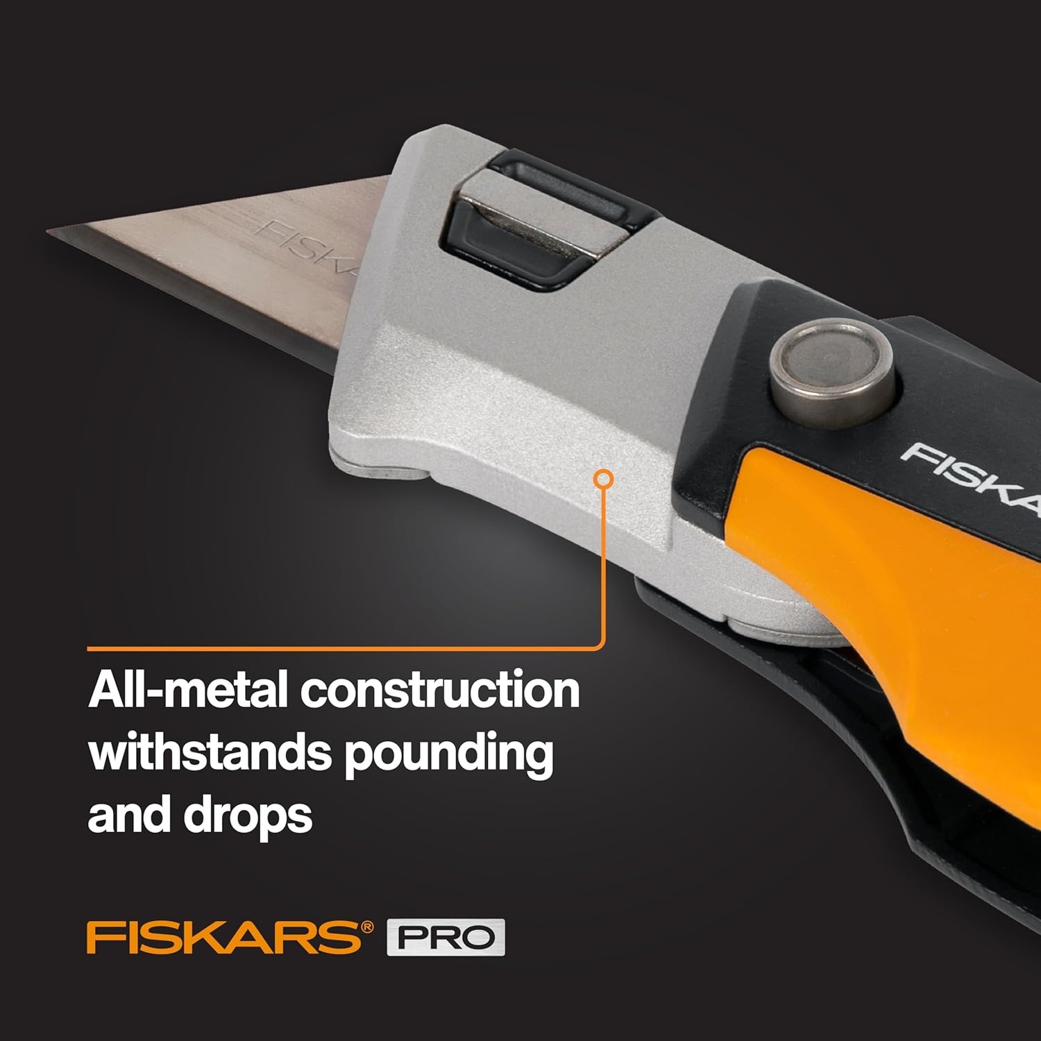 Fiskars Pro Retractable Utility Knife, Heavy Duty Box Cutter with CarbonMax Long-lasting Snap Blade, and Easy Hinge Open with Quick Blade Change and Storage, Orange/Black(Compact)