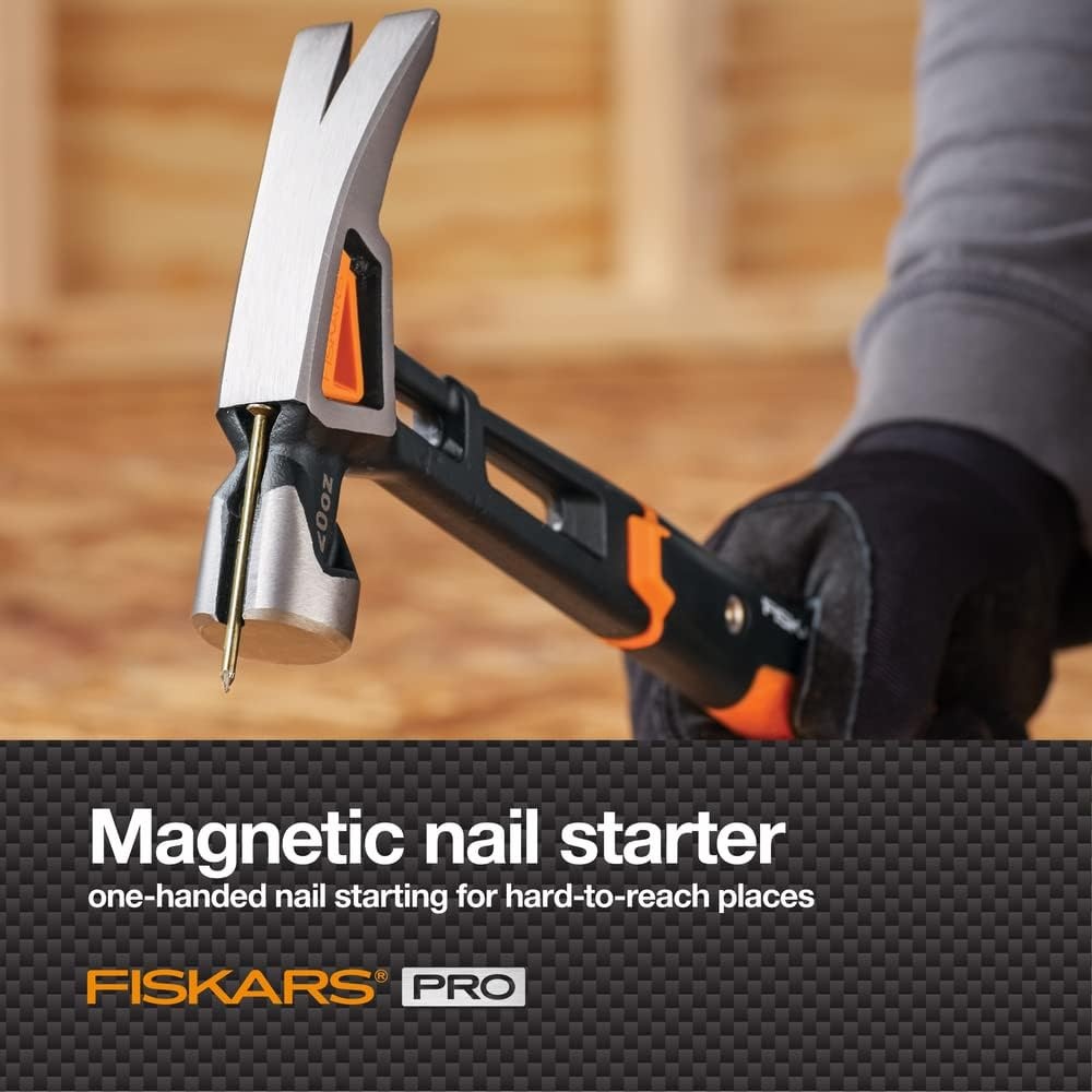 Fiskars Pro IsoCore 17 oz Framing Hammer (16″) – with Rip Claw, Shock-Absorbing Grip, and Magnetic Nail Starter – Drive Large Nails into Tough Wood – Construction and Home Improvement Tools(General Hammer 20 oz 15.5 in)