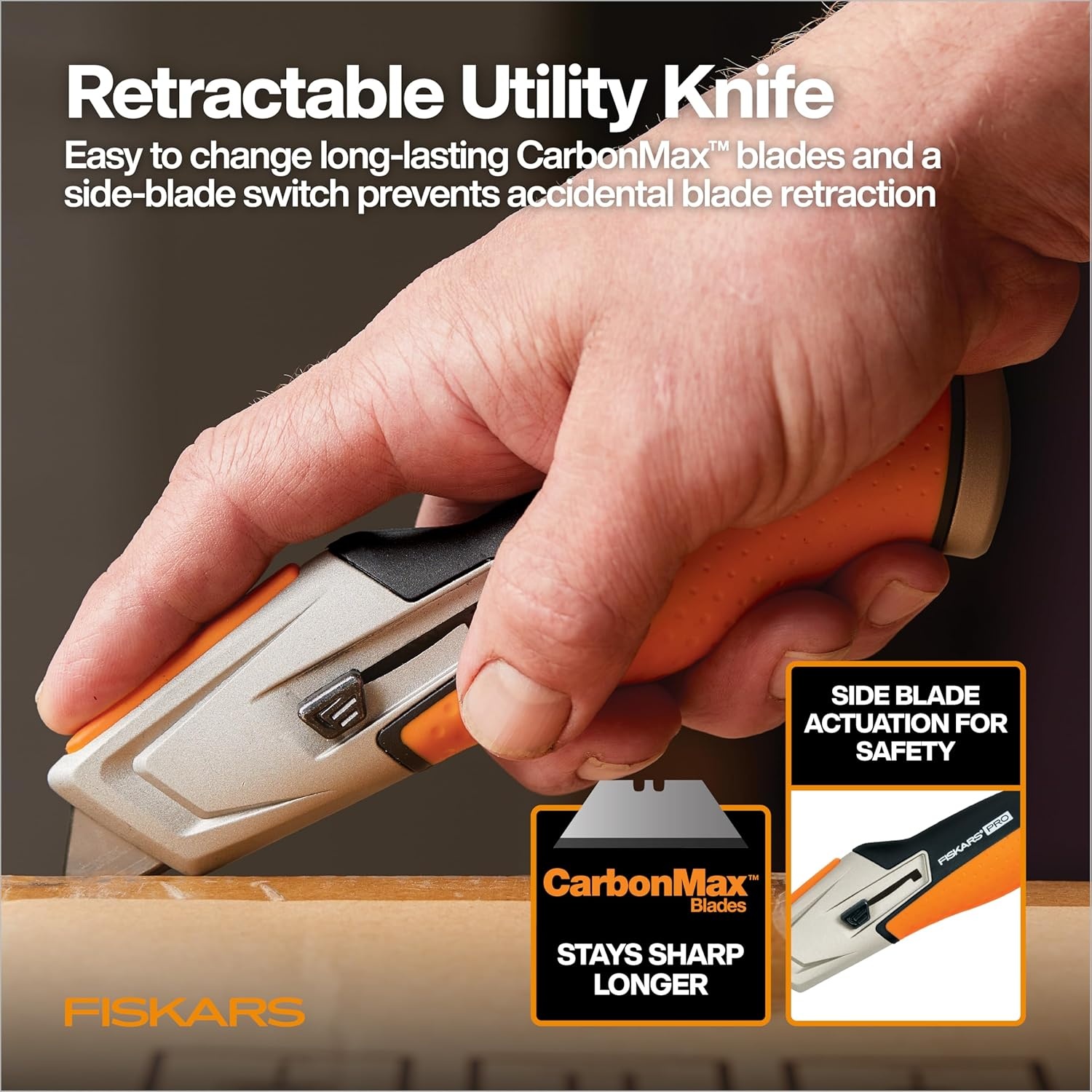 Fiskars Pro Retractable Utility Knife, Heavy Duty Box Cutter with CarbonMax Long-lasting Snap Blade, and Easy Hinge Open with Quick Blade Change and Storage, Orange/Black(Retractable Utility Knife)