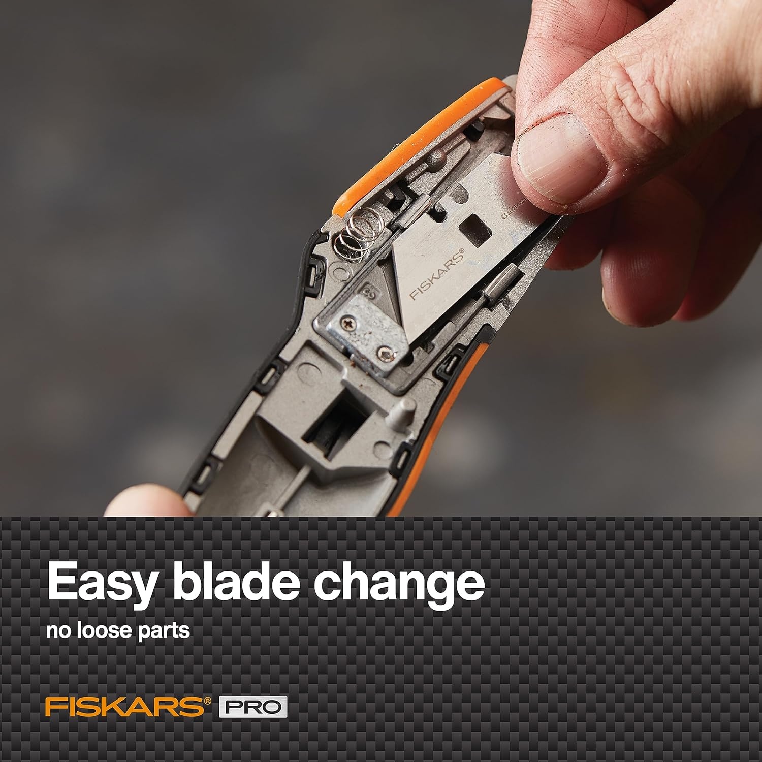 Fiskars Pro Retractable Utility Knife, Heavy Duty Box Cutter with CarbonMax Long-lasting Snap Blade, and Easy Hinge Open with Quick Blade Change and Storage, Orange/Black(Retractable Utility Knife)