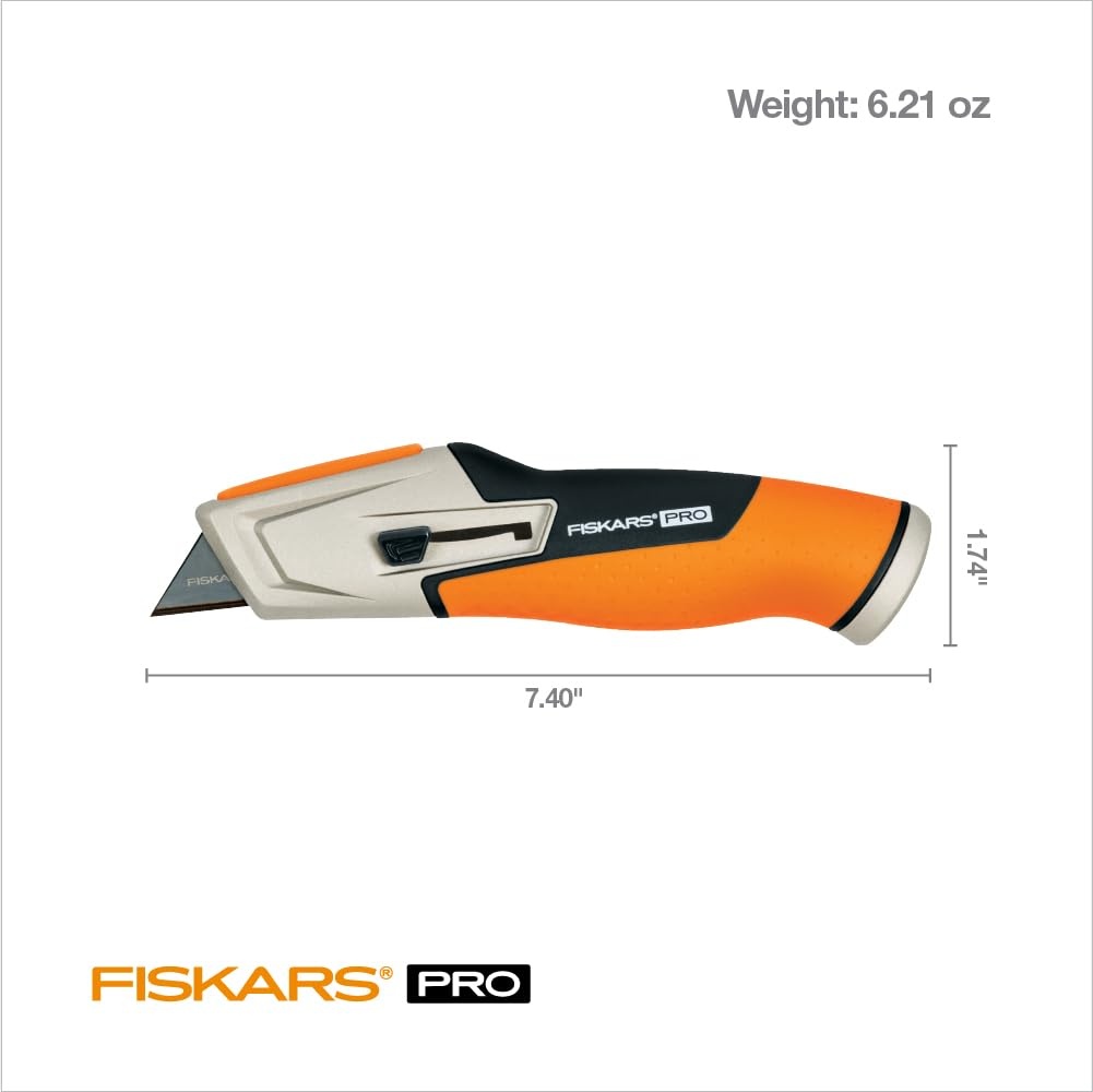 Fiskars Pro Retractable Utility Knife, Heavy Duty Box Cutter with CarbonMax Long-lasting Snap Blade, and Easy Hinge Open with Quick Blade Change and Storage, Orange/Black(Retractable Utility Knife)