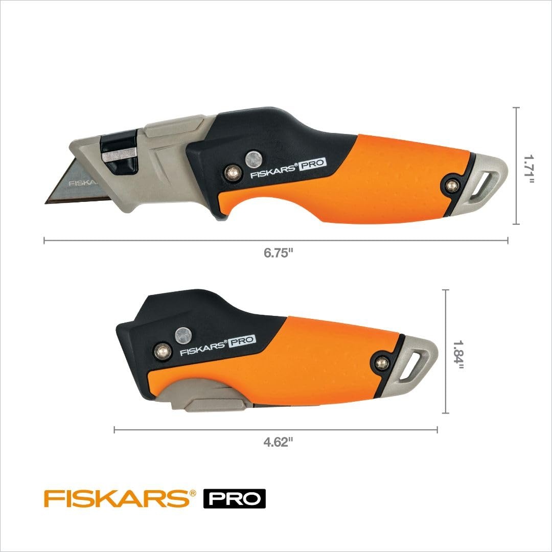 Fiskars Pro Retractable Utility Knife, Heavy Duty Box Cutter with CarbonMax Long-lasting Snap Blade, and Easy Hinge Open with Quick Blade Change and Storage, Orange/Black(Folding Utility Knife)