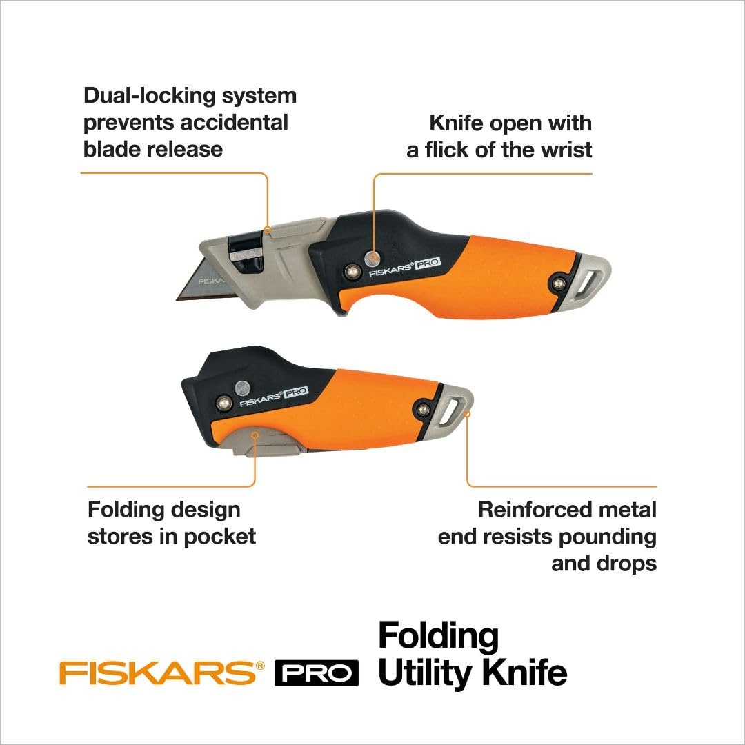 Fiskars Pro Retractable Utility Knife, Heavy Duty Box Cutter with CarbonMax Long-lasting Snap Blade, and Easy Hinge Open with Quick Blade Change and Storage, Orange/Black(Folding Utility Knife)