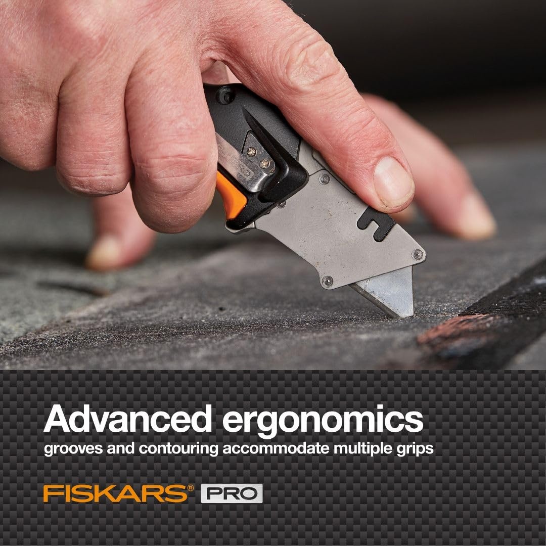 Fiskars Pro Retractable Utility Knife, Heavy Duty Box Cutter with CarbonMax Long-lasting Snap Blade, and Easy Hinge Open with Quick Blade Change and Storage, Orange/Black(Folding Utility Knife)