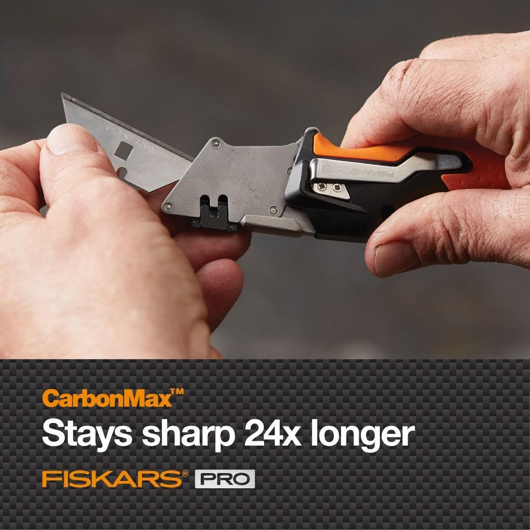 Fiskars Pro Retractable Utility Knife, Heavy Duty Box Cutter with CarbonMax Long-lasting Snap Blade, and Easy Hinge Open with Quick Blade Change and Storage, Orange/Black(Folding Utility Knife)
