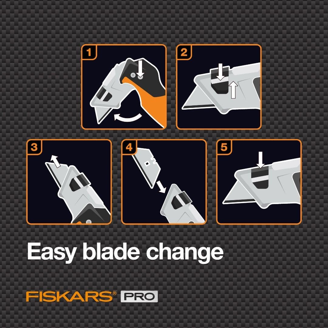 Fiskars Pro Retractable Utility Knife, Heavy Duty Box Cutter with CarbonMax Long-lasting Snap Blade, and Easy Hinge Open with Quick Blade Change and Storage, Orange/Black(Folding Utility Knife)