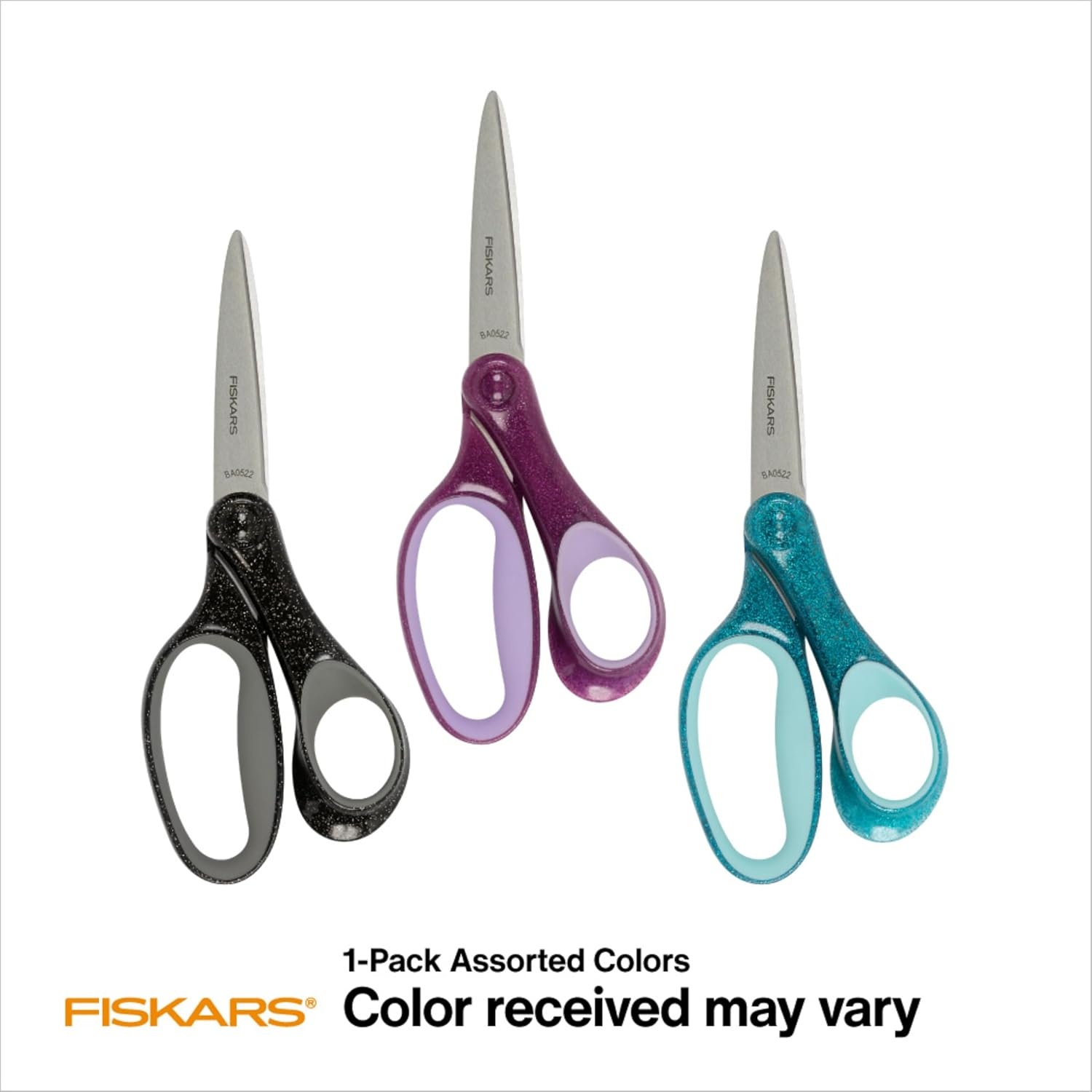 Fiskars 7″ SoftGrip Student Glitter Scissors (1-Pack) for Kids Ages 12-14, Scissors for School or Crafting, Back to School Supplies, Color May Vary