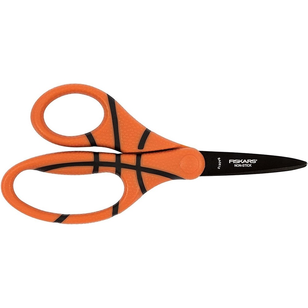 Fiskars 5″ Pointed-Tip Scissors for Kids 4-7 with Non-Stick Blades – Scissors for School or Crafting – Back to School Supplies – Basketball(Pointed)