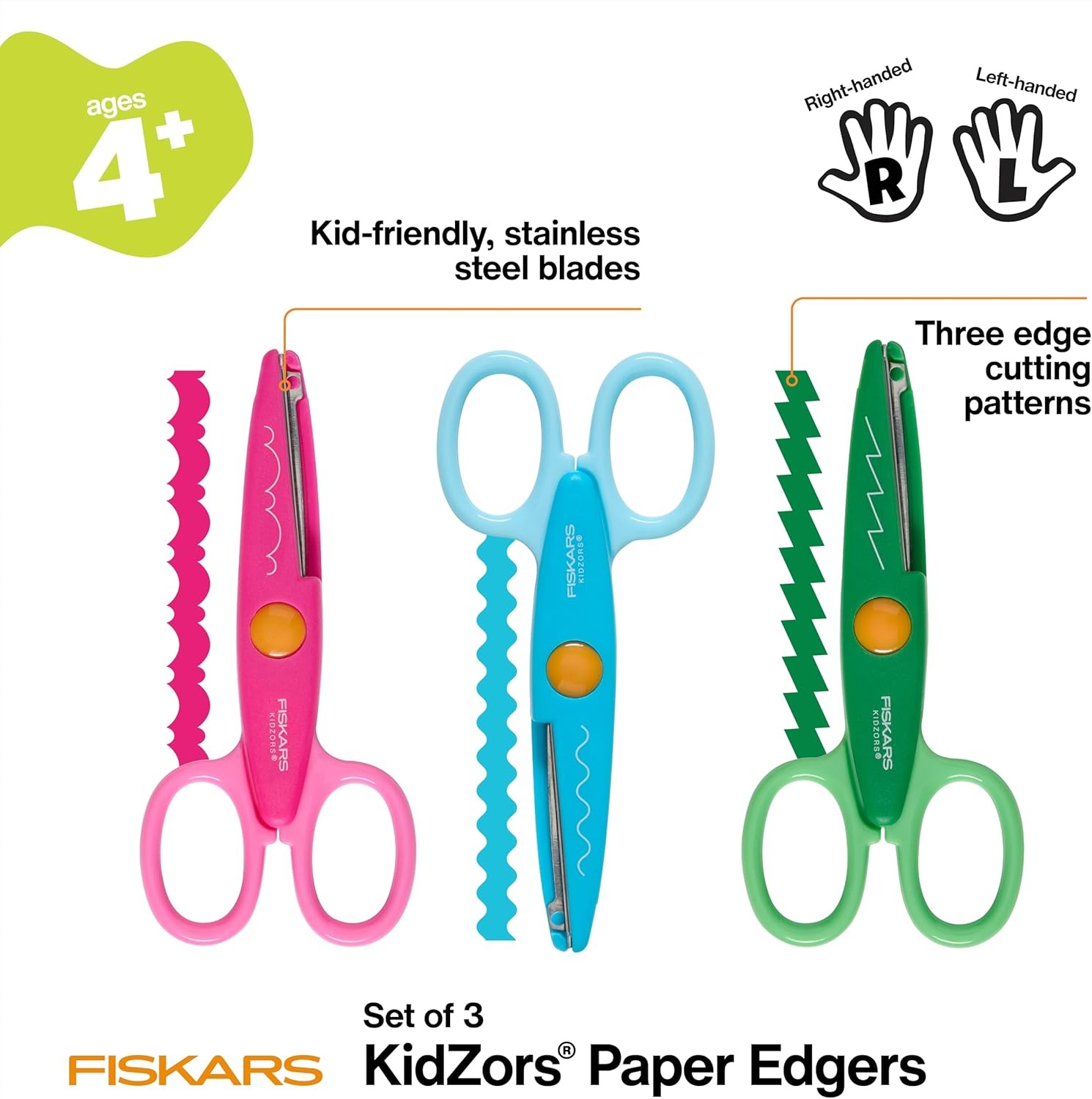 Fiskars Kidzors Paper Edgers Scissors – Decorative Scissors for Paper, Cardstock, & Crafts, For Crafting and School Supplies, 5 inches, 3 Pack(Green  Pink  Blue)