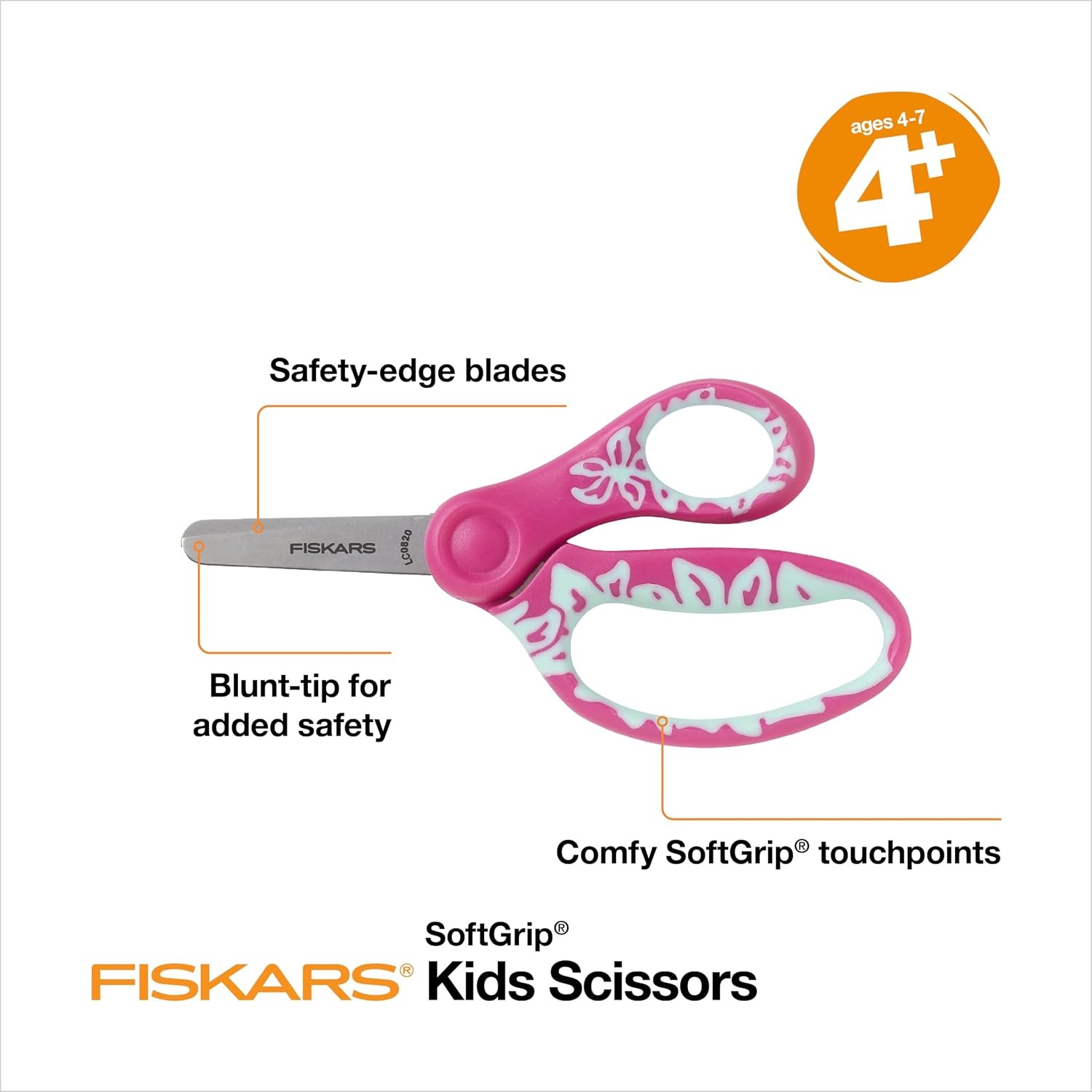 Fiskars 5″ SoftGrip Blunt-Tip Scissors for Kids Ages 4-7, Scissors for School or Crafting, Back to School Supplies, Blue Lightning(Pink Floral)