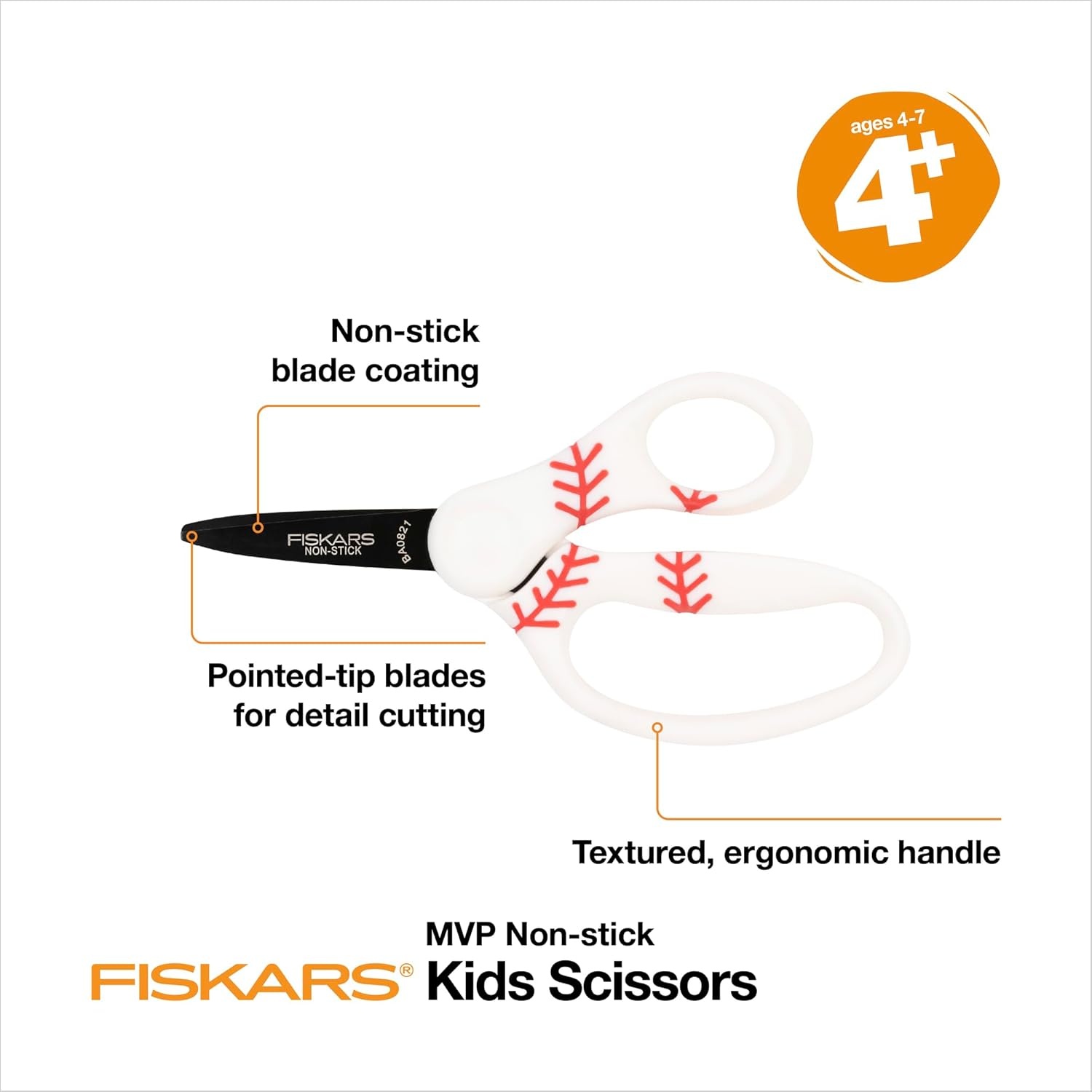 Fiskars 5″ Pointed-Tip Scissors for Kids 4-7 with Non-Stick Blades (3-Pack) – Scissors for School or Crafting – Back to School Supplies – Sports Design