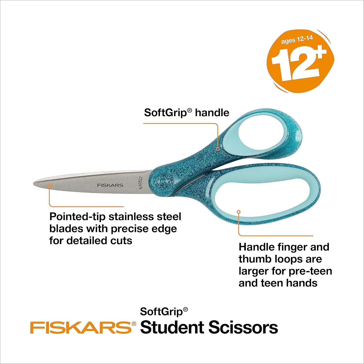 Fiskars 7″ SoftGrip Left-Handed Student Glitter Scissors for Kids 12+ – Left-Handed Scissors for School or Crafting – Back to School Supplies – Blue Glitter(Turquoise Glitter)