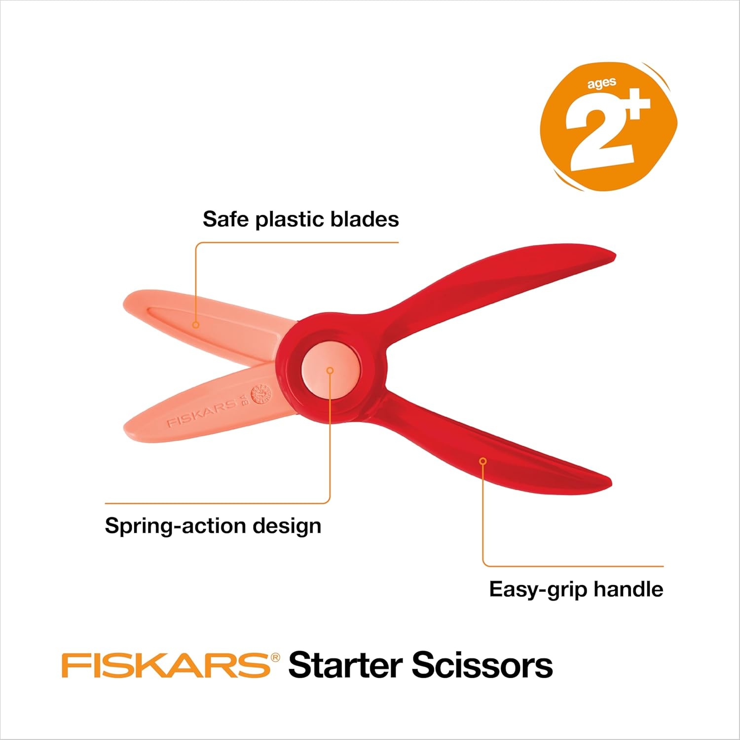 Fiskars Starter Scissors – Safe Teaching Scissors for Kids, Ages 2+, with Spring Action & No-Loop Handle, For Craft and School Supplies, 5 inches(1 Pack)