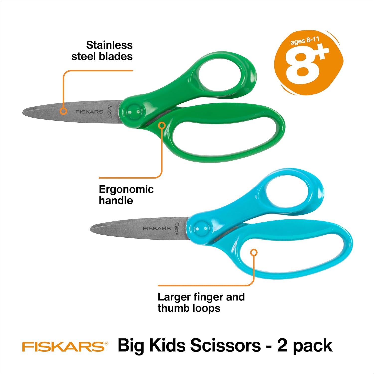 Fiskars Big Kids Scissors, Stainless Steel Blades, 2-Pack School Scissors, Blue/Green