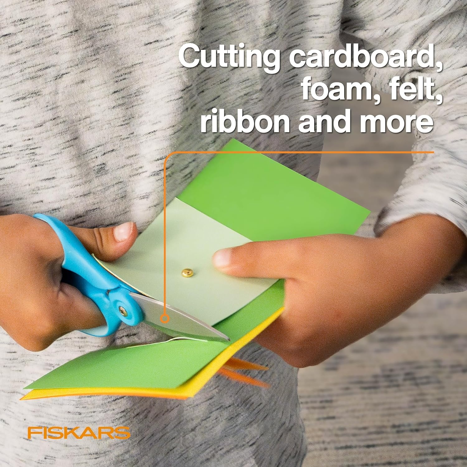 Fiskars Kids Cardboard Creator – Safer Cardboard Cutting Tool with Ergonomic SoftGrip Handle, For Craft and School Supplies, 5 inches(Super Scissors)