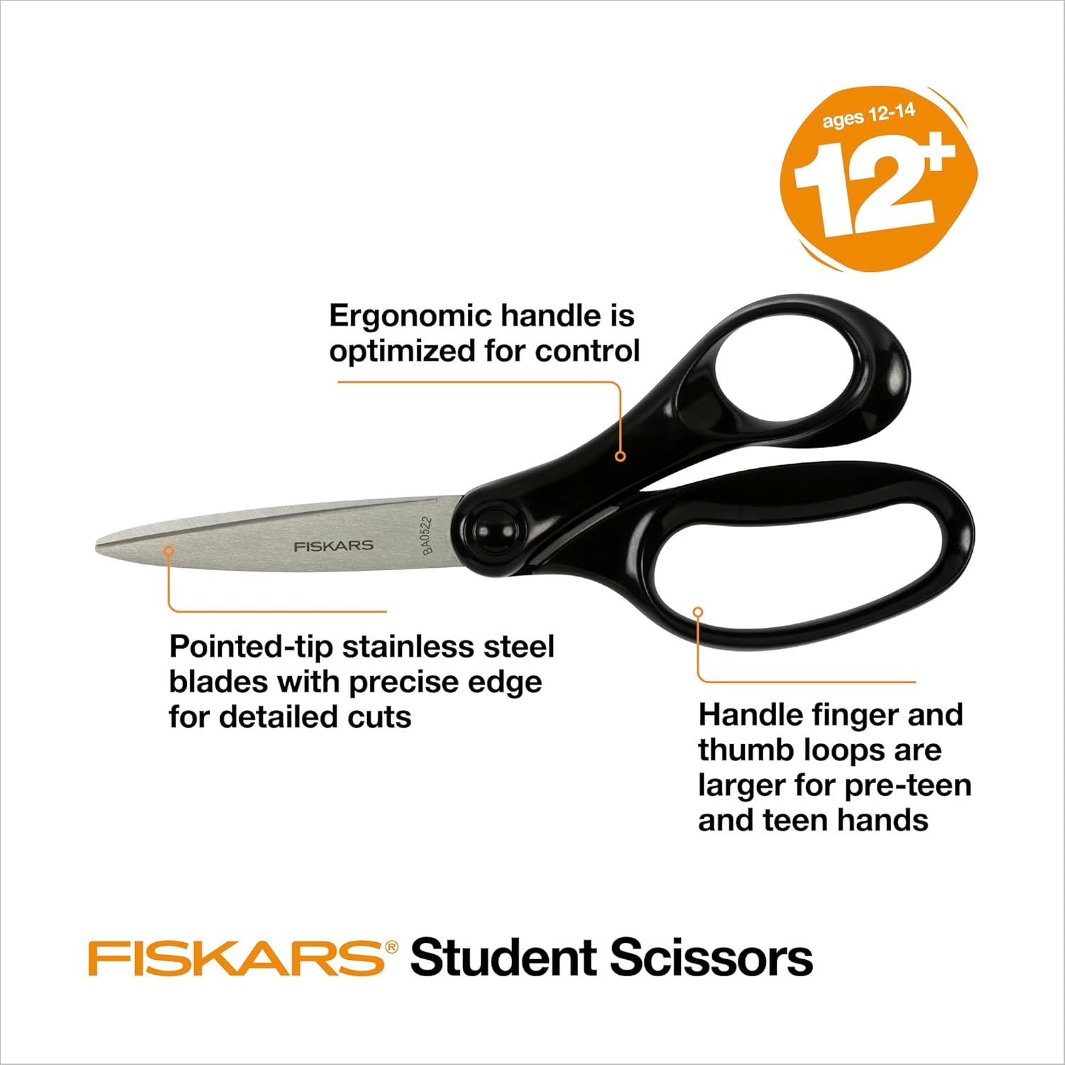 Fiskars 7″ Student Scissors for Kids Ages 12-14, Scissors for School or Crafting, Back to School Supplies, Turquoise(Black)