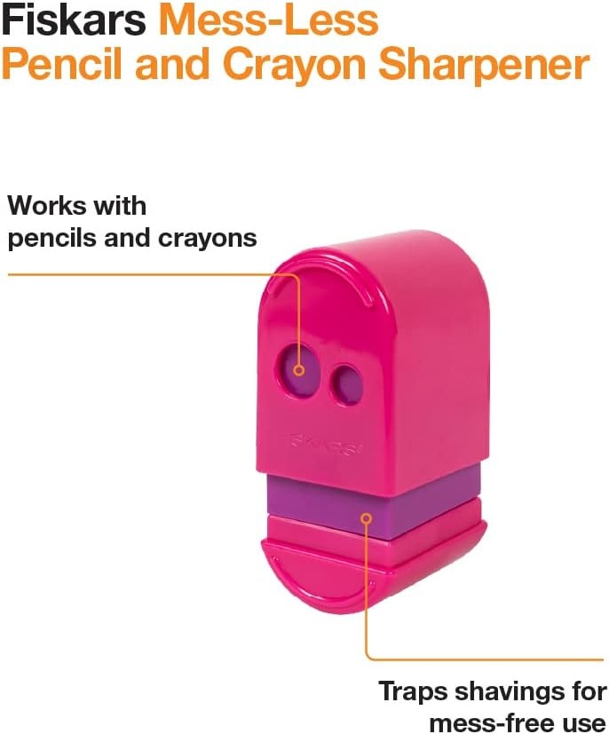 Fiskars Squeeze Sharpener for Kids 5+ – Crayon and Pencil Sharpener – Back to School Supplies – Color May Vary
