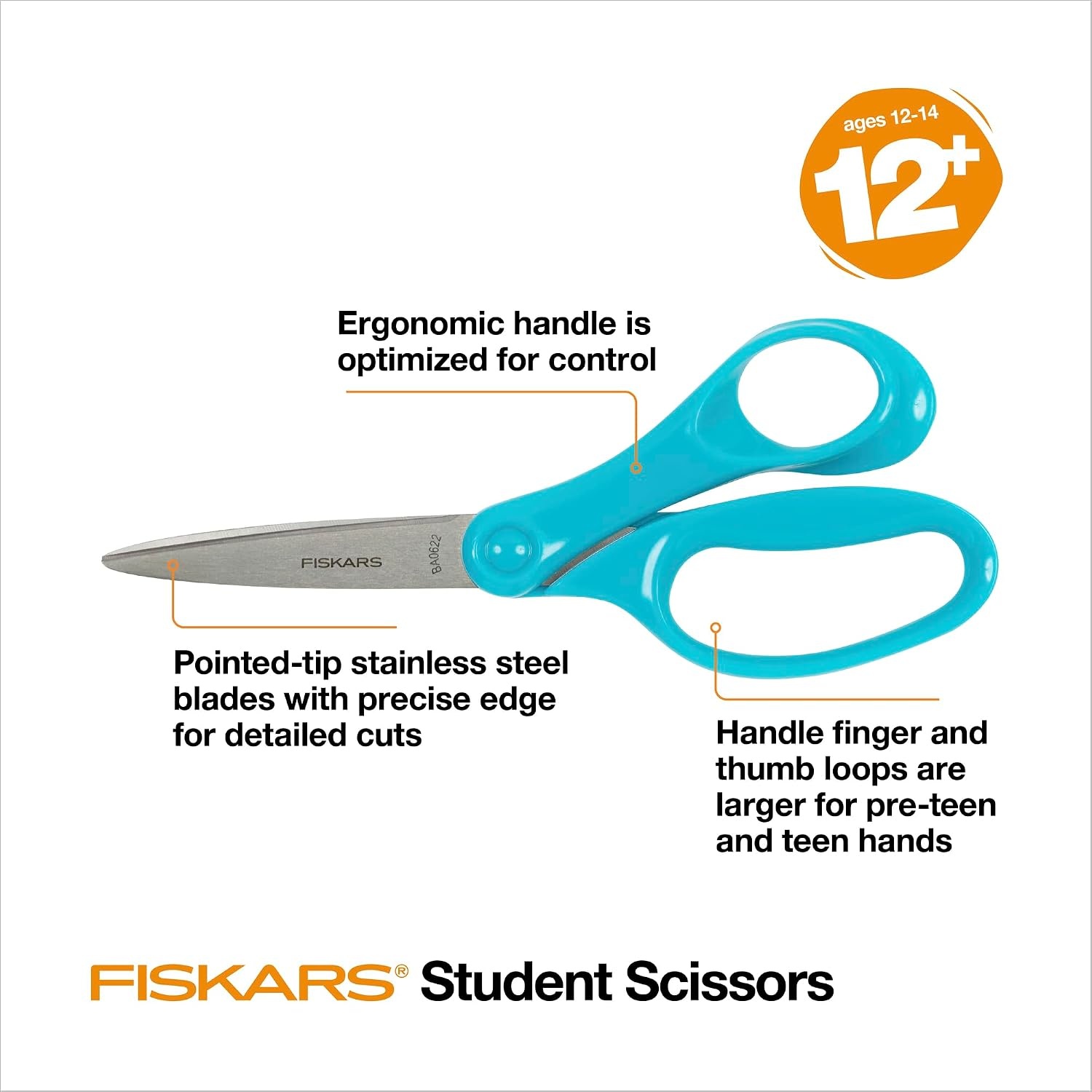 Fiskars 7″ Student Scissors for Kids Ages 12-14, Scissors for School or Crafting, Back to School Supplies, Colors May Vary