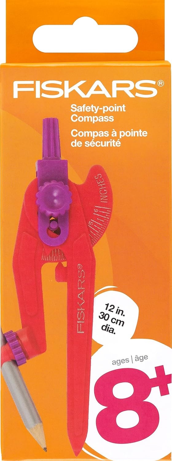 Fiskars Plastic Safety Point Compass Ages 8+ – Draw Perfect Circles up to 12in. with Locking Mechanism – Includes Pencil – Color May Vary