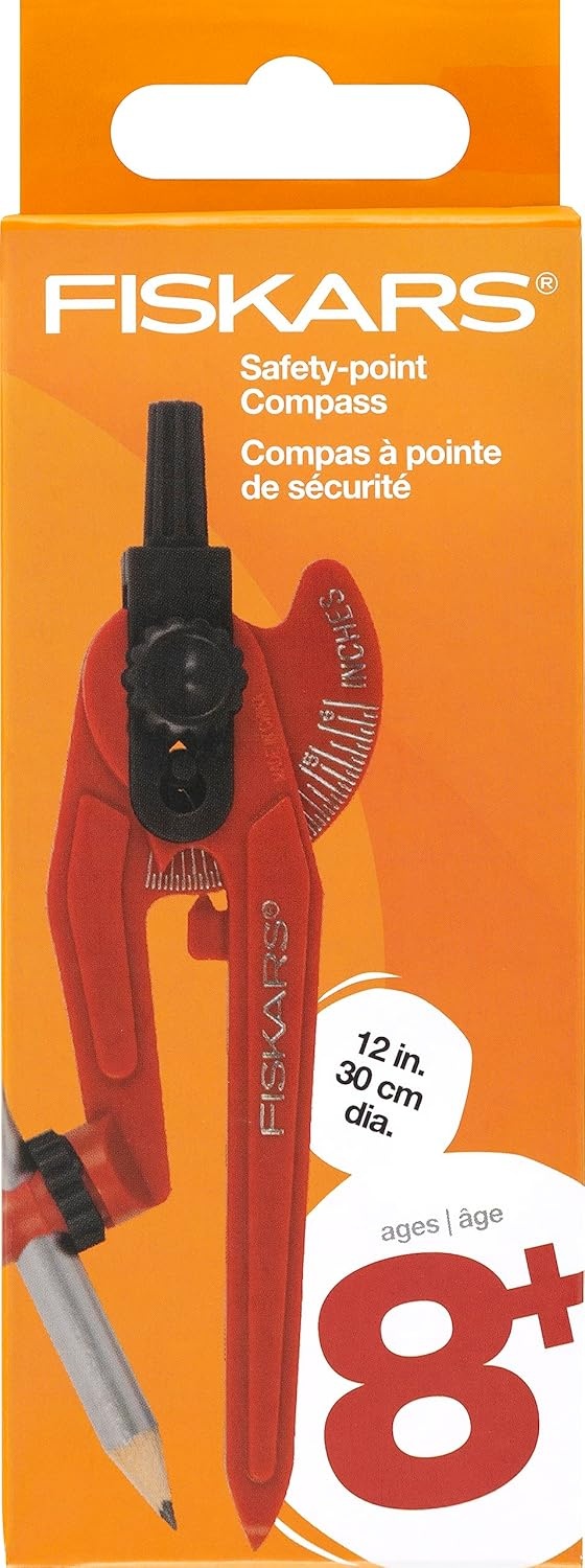 Fiskars Plastic Safety Point Compass Ages 8+ – Draw Perfect Circles up to 12in. with Locking Mechanism – Includes Pencil – Color May Vary