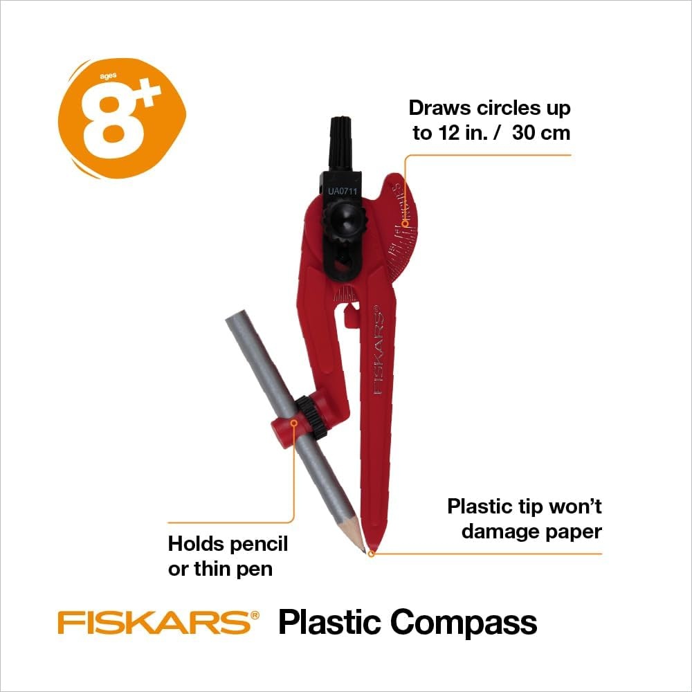 Fiskars Plastic Safety Point Compass Ages 8+ – Draw Perfect Circles up to 12in. with Locking Mechanism – Includes Pencil – Color May Vary