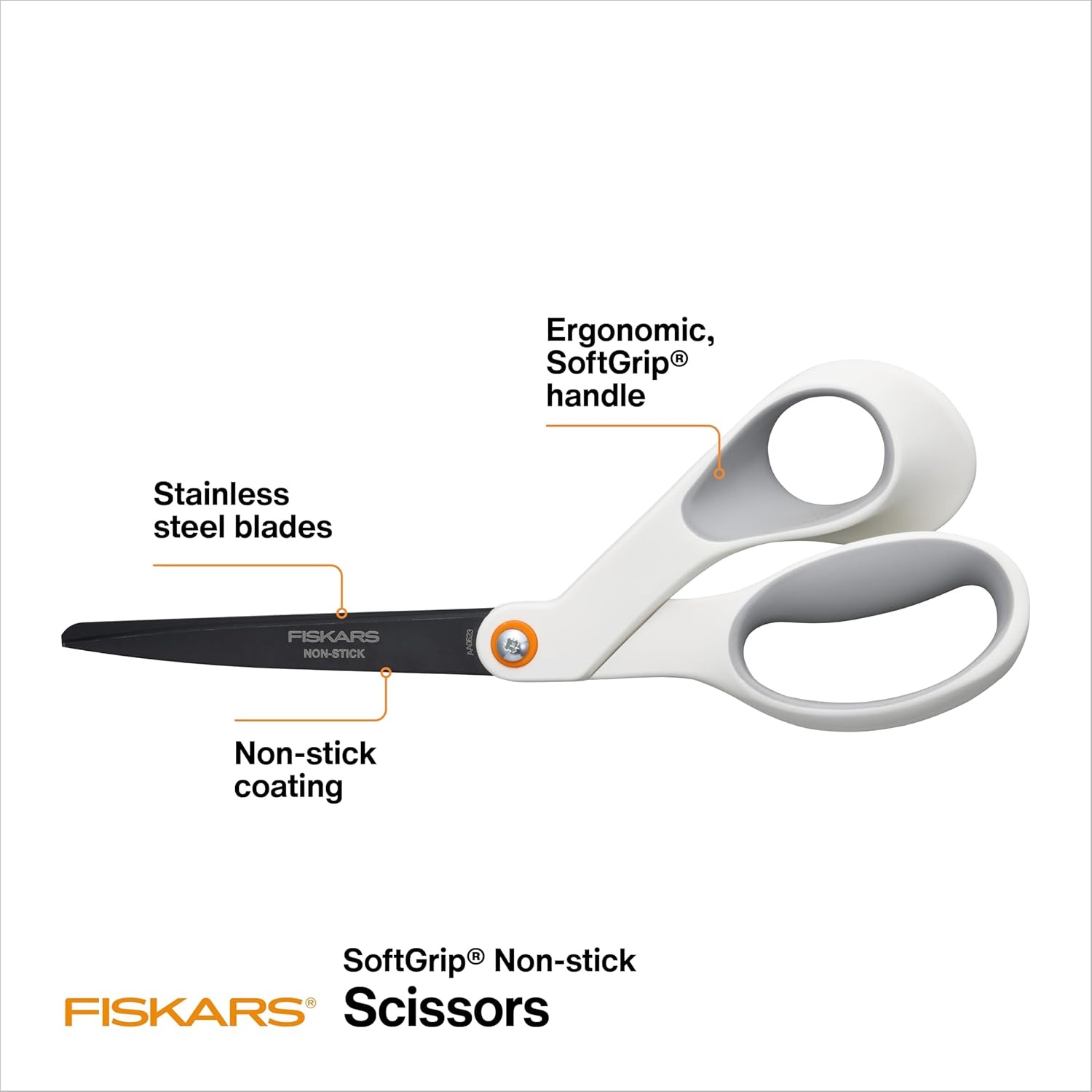 Fiskars 8 Left-Handed Titanium Scissors, SoftGrip Handle for Comfort, Durable Stainless Steel Blades for Home and Office Use(Non-Stick Titanium / White & Orange)