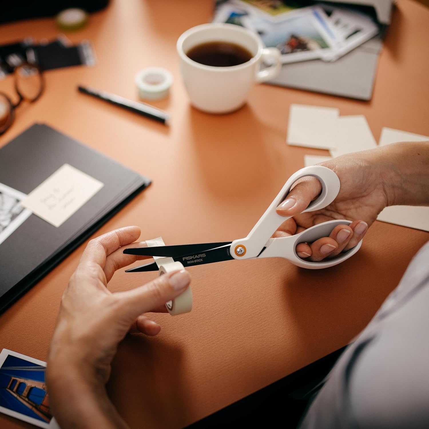 Fiskars 8 Left-Handed Titanium Scissors, SoftGrip Handle for Comfort, Durable Stainless Steel Blades for Home and Office Use(Non-Stick Titanium / White & Orange)