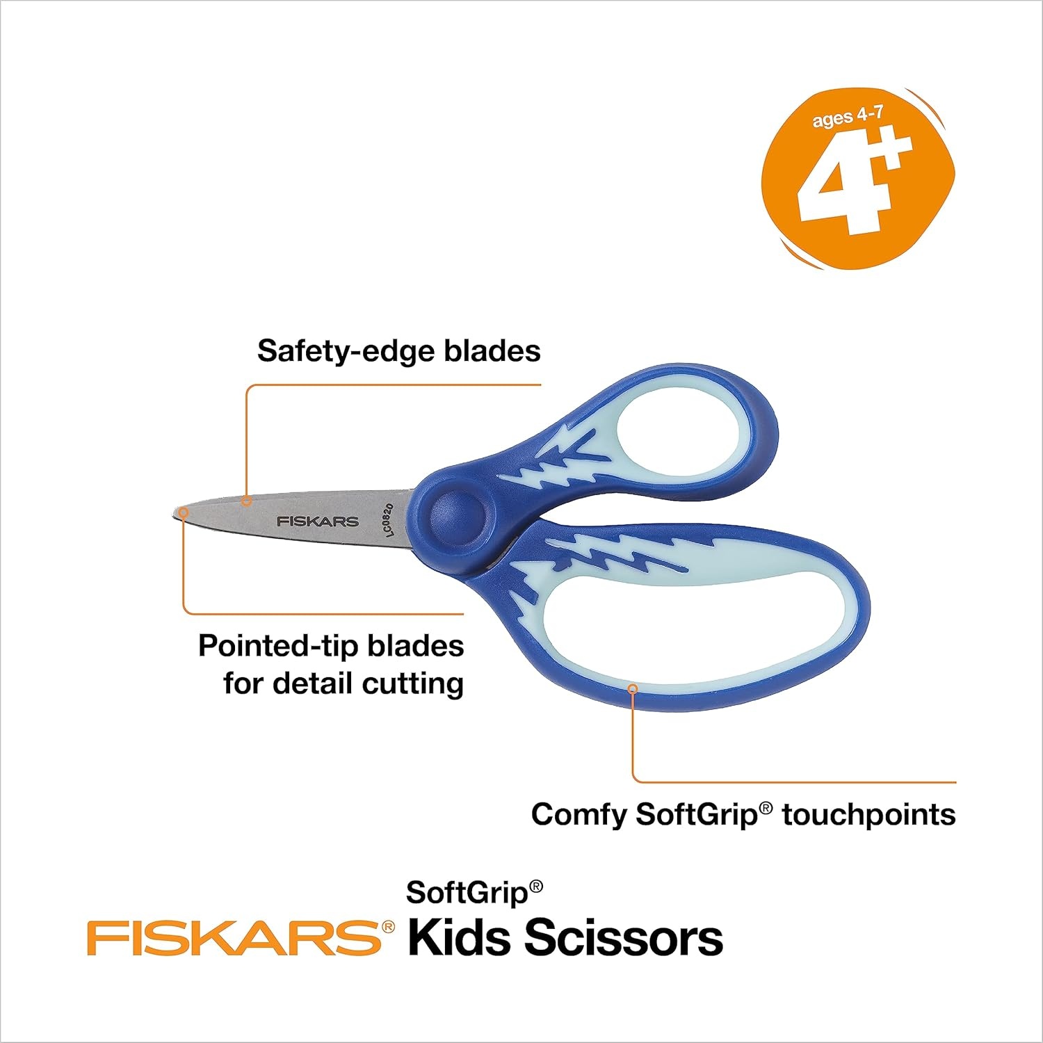 Fiskars 5″ SoftGrip Left-Handed Kids Scissors, Pointed Tip, Pink/Light Blue Floral, Safety Edge for Precision Cutting(Blue Lightning)
