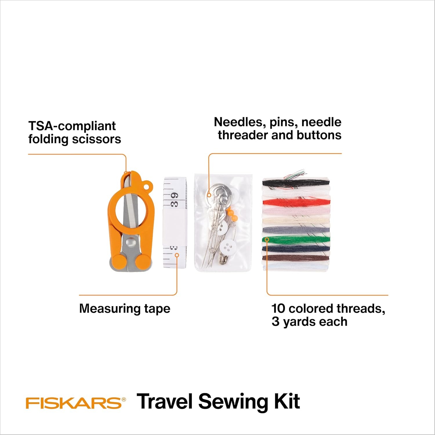 Fiskars Compact Travel Sewing Kit, TSA compliant Folding Scissors, 27-Piece Repair Set for Buttons and Hemming, Threads, Needles, 39 Measuring Tape, Small Size for Purses and Carry on, Orange((Pack of 1))