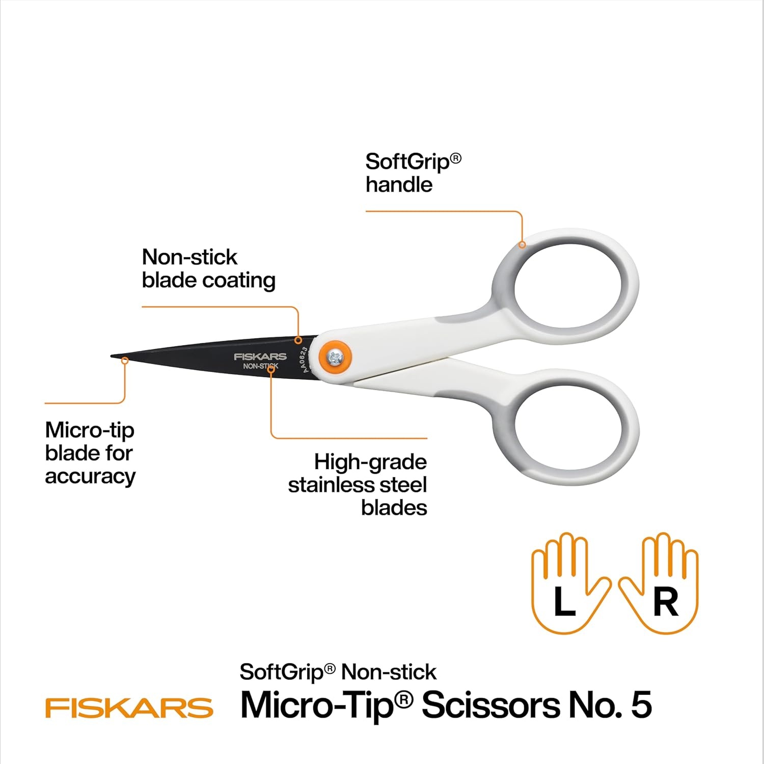Fiskars Premier No. 5 Micro-Tip Orange-Handled Fabric Scissors, Double Loop Handle, Sewing and Craft Scissors, Orange(5 inches)