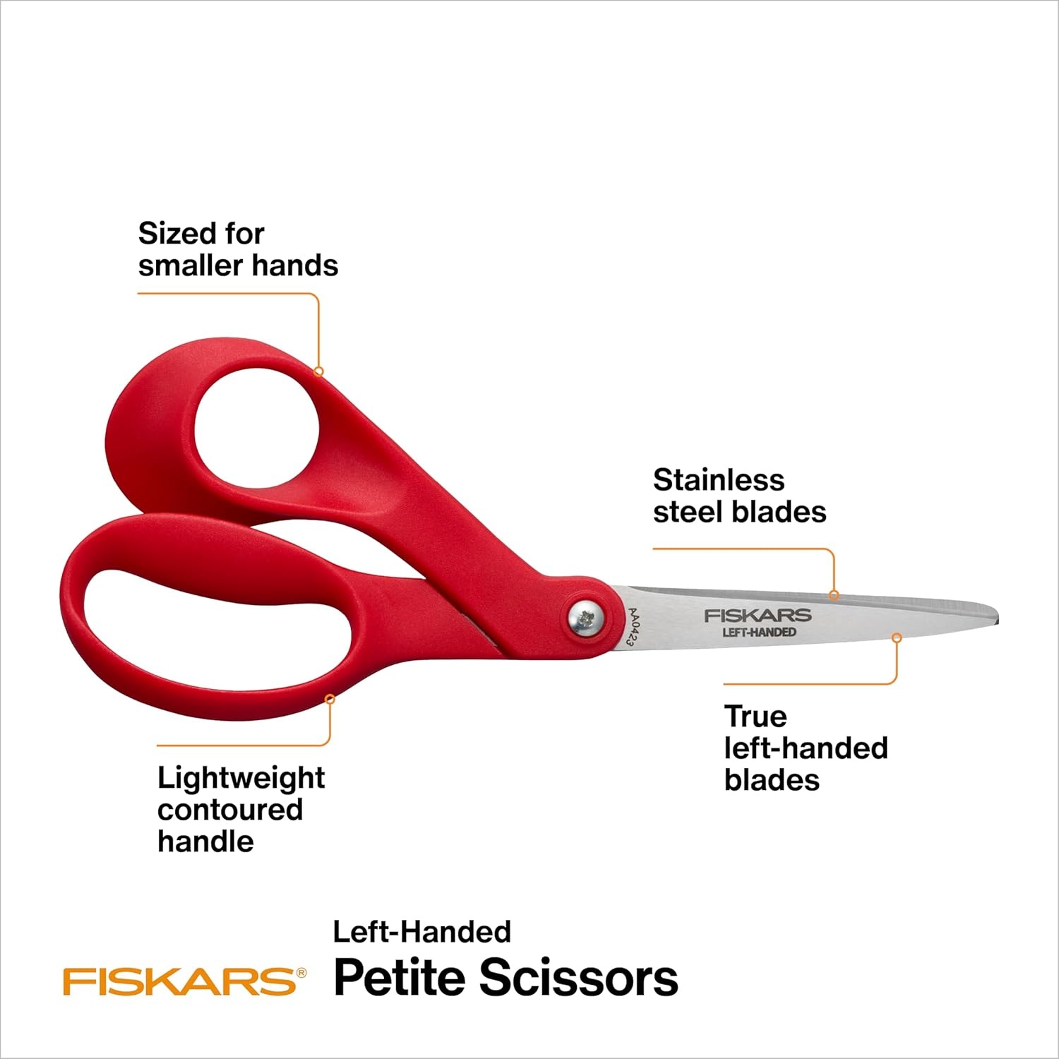 Fiskars 8″ Original Orange-Handled Stainless Steel Scissors, Ergonomic and Keeps Material Flat, Sharp All-Purpose Paper and Fabric Scissors for Office, Arts, and Crafts(Petite Left-Handed)
