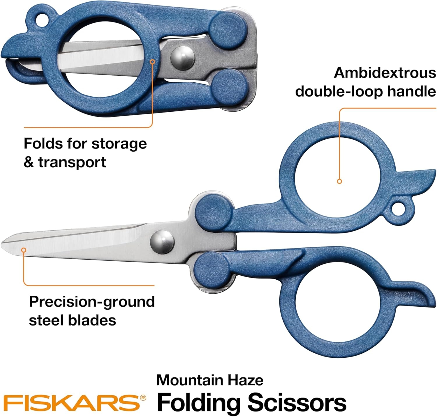 Fiskars Travel Folding Scissors, TSA-Compliant, Compact and Portable for Crafting and Quick Snips, Stainless Steel Blades, Explore Collection, Mountain Haze(Mountain Haze)