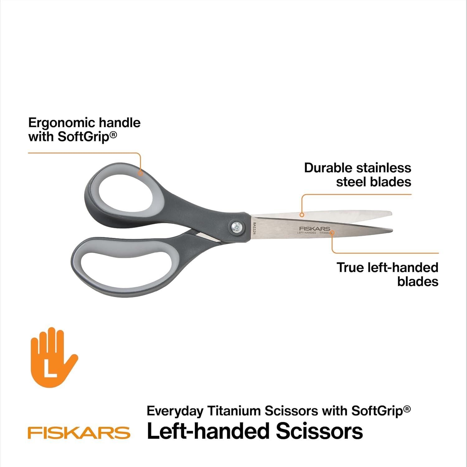 Fiskars 8 Left-Handed Titanium Scissors, SoftGrip Handle for Comfort, Durable Stainless Steel Blades for Home and Office Use(Left Handed Titanium / SoftGrip)