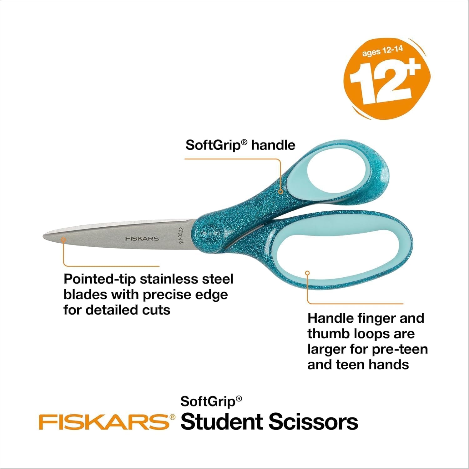 Fiskars 7″ SoftGrip Left-Handed Student Glitter Scissors for Kids 12+ – Left-Handed Scissors for School or Crafting – Back to School Supplies – Blue Glitter(Black and Turquoise Glitter)