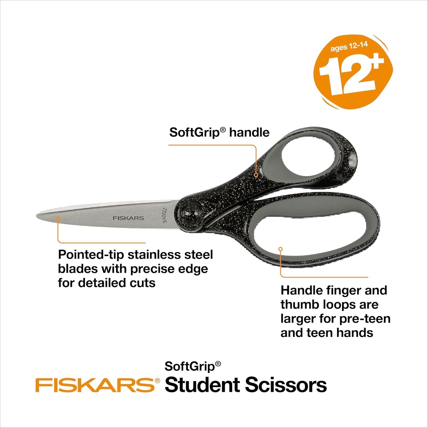 Fiskars 7″ SoftGrip Left-Handed Student Glitter Scissors for Kids 12+ – Left-Handed Scissors for School or Crafting – Back to School Supplies – Blue Glitter(Black Glitter)