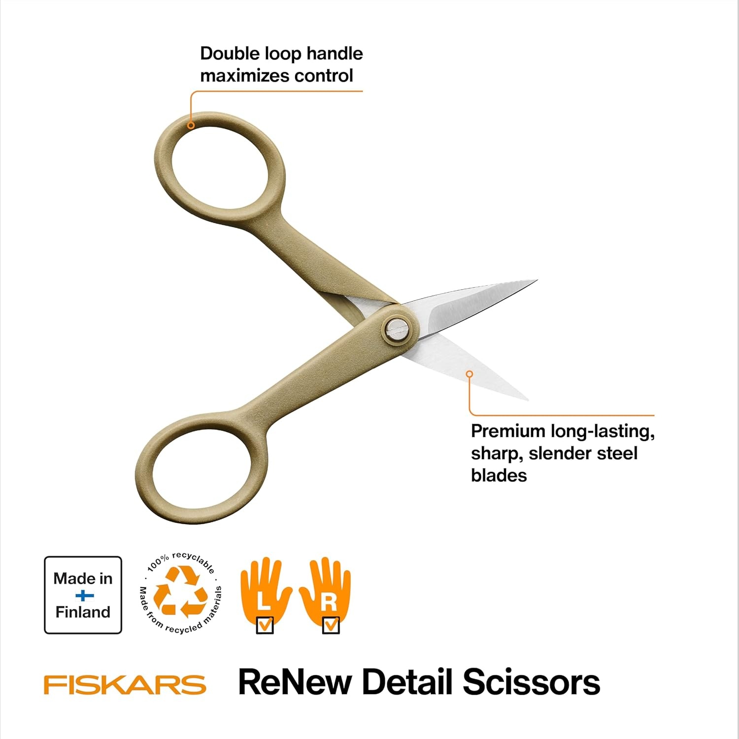 Fiskars 4″ Recycled Fabric Scissors – Sustainable, Sharp, Detail Craft Scissors for Embroidery and Sewing – Craft and Fabric Cutting – Beige