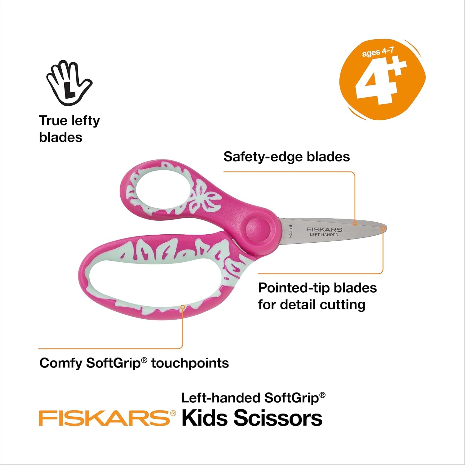 Fiskars 5″ SoftGrip Left-Handed Kids Scissors, Pointed Tip, Pink/Light Blue Floral, Safety Edge for Precision Cutting(Pink/Blue Floral)