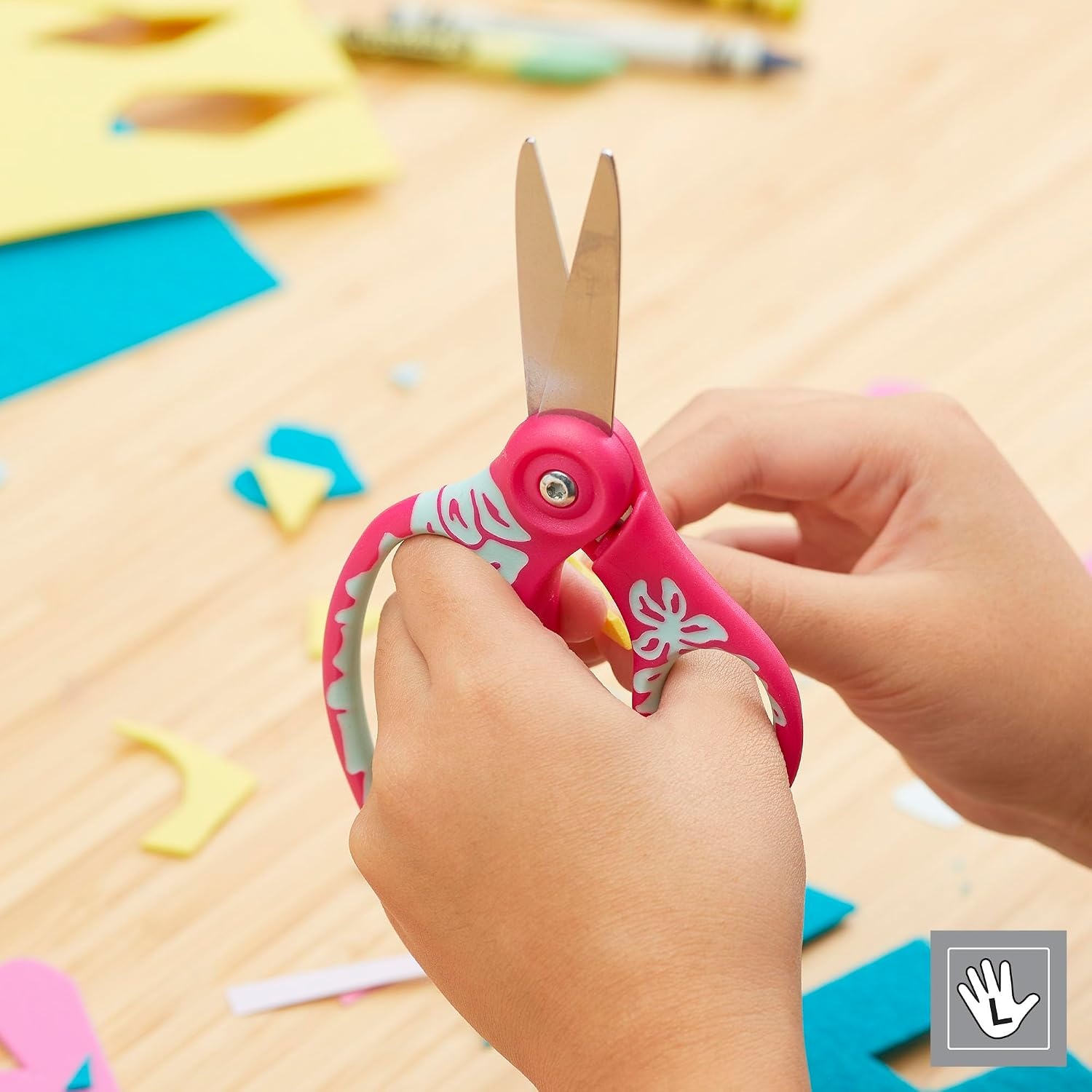 Fiskars 5″ SoftGrip Left-Handed Kids Scissors, Pointed Tip, Pink/Light Blue Floral, Safety Edge for Precision Cutting(Pink/Blue Floral)