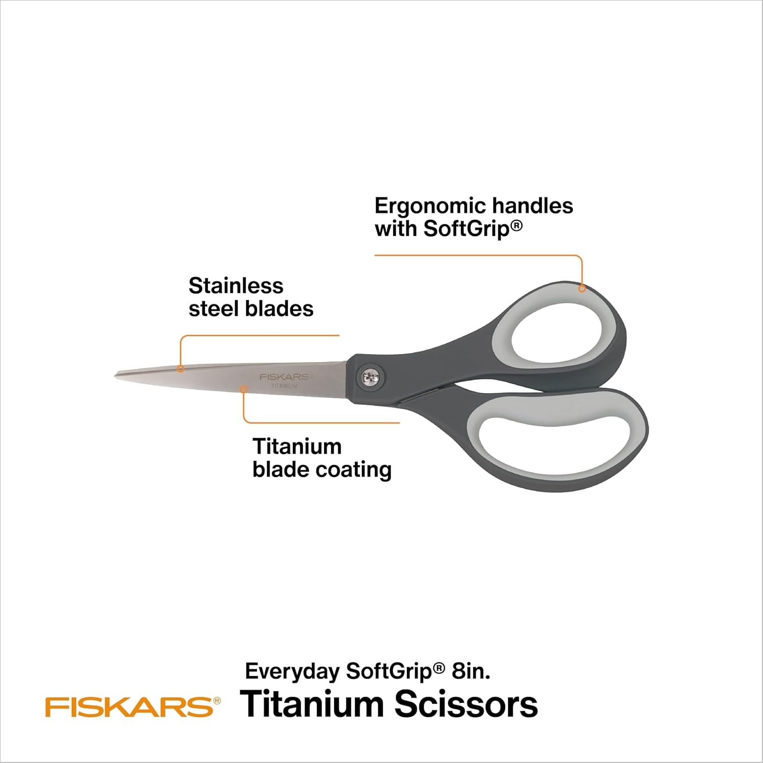 Fiskars 8 Left-Handed Titanium Scissors, SoftGrip Handle for Comfort, Durable Stainless Steel Blades for Home and Office Use(Titanium / SoftGrip)